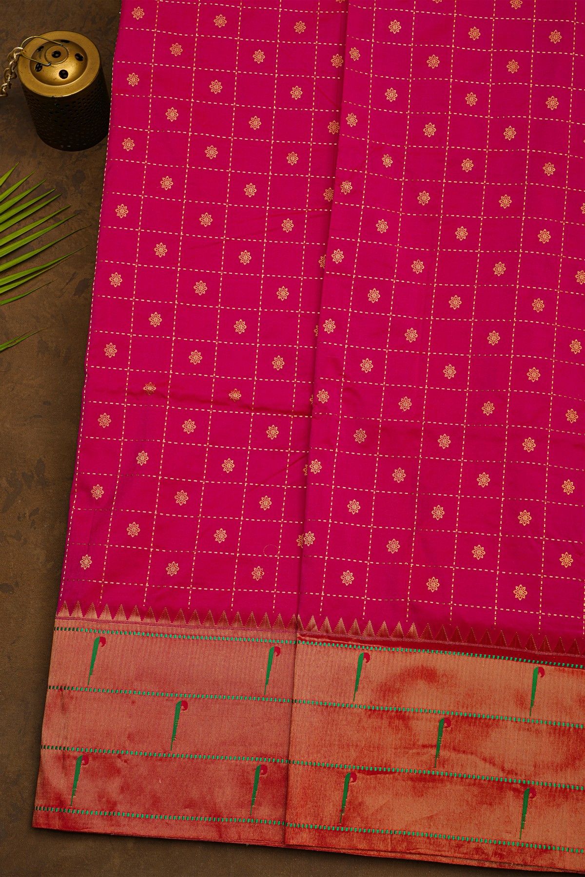 Narayanpet Silk Rani Pink Saree With Muniya Buttis Border