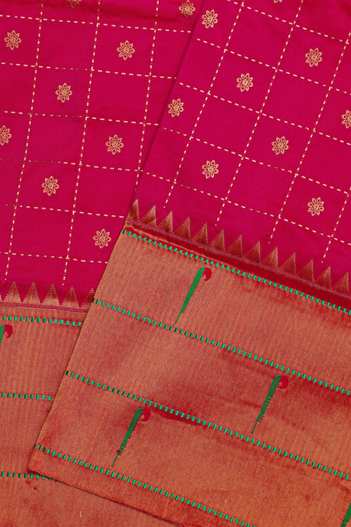 Narayanpet Silk Rani Pink Saree With Muniya Buttis Border
