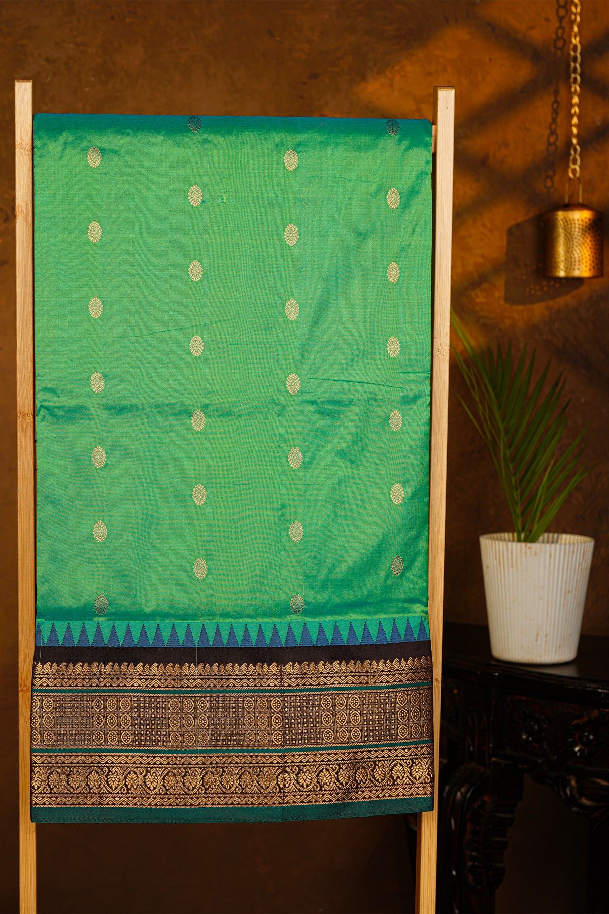 Narayanpet Silk Parrot Green Saree With Checks Buttis And Floral Border