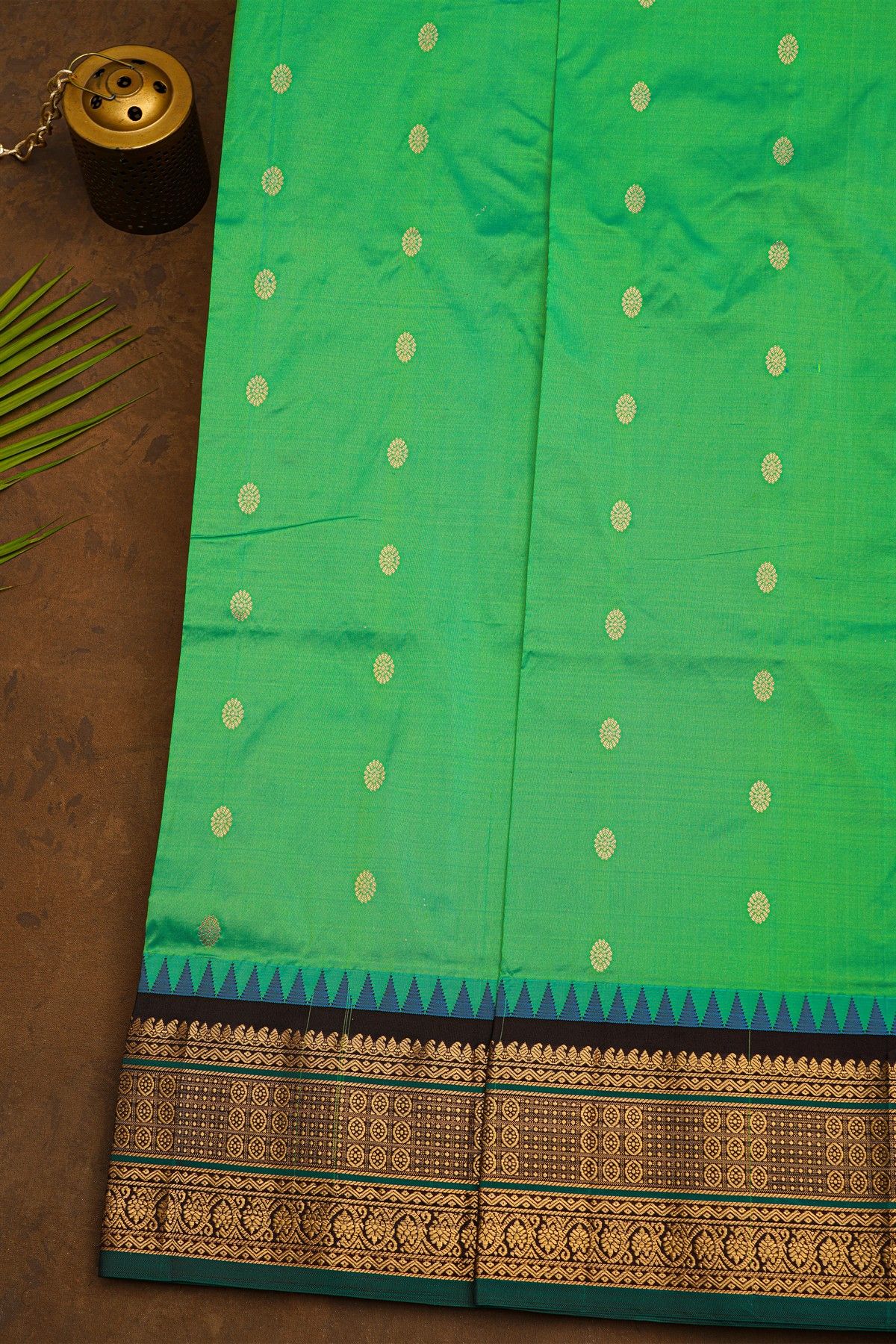 Narayanpet Silk Parrot Green Saree With Checks Buttis And Floral Border