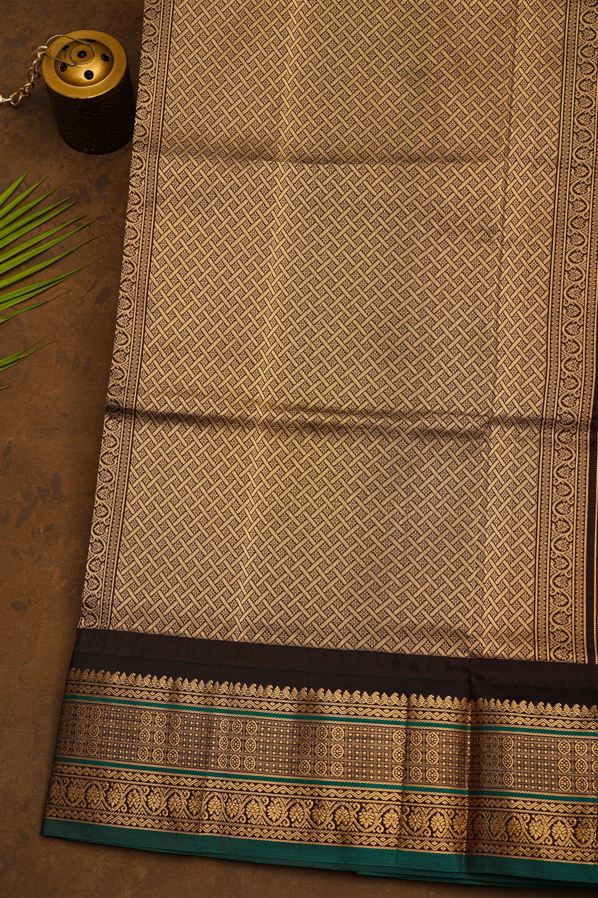 Narayanpet Silk Parrot Green Saree With Checks Buttis And Floral Border