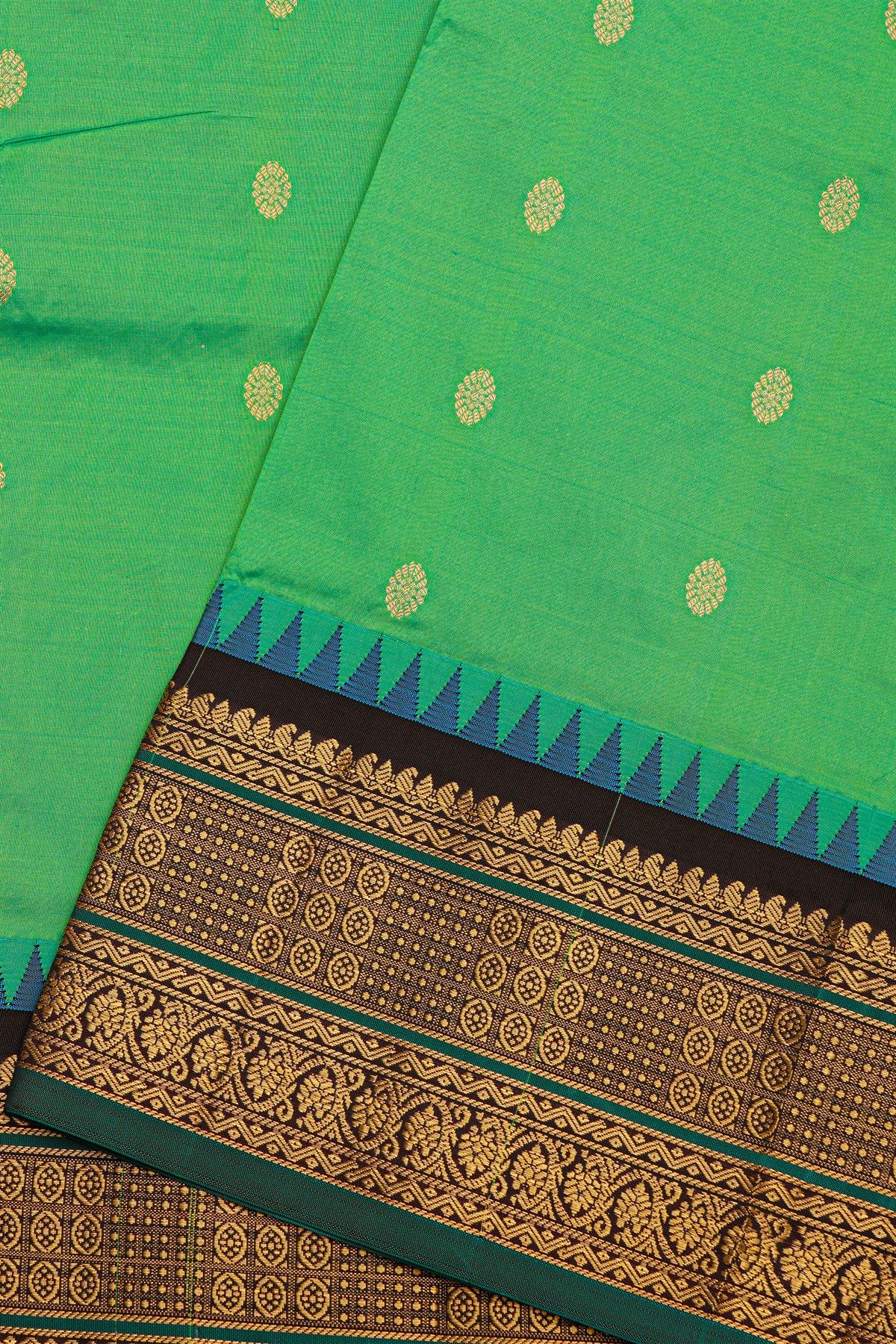 Narayanpet Silk Parrot Green Saree With Checks Buttis And Floral Border