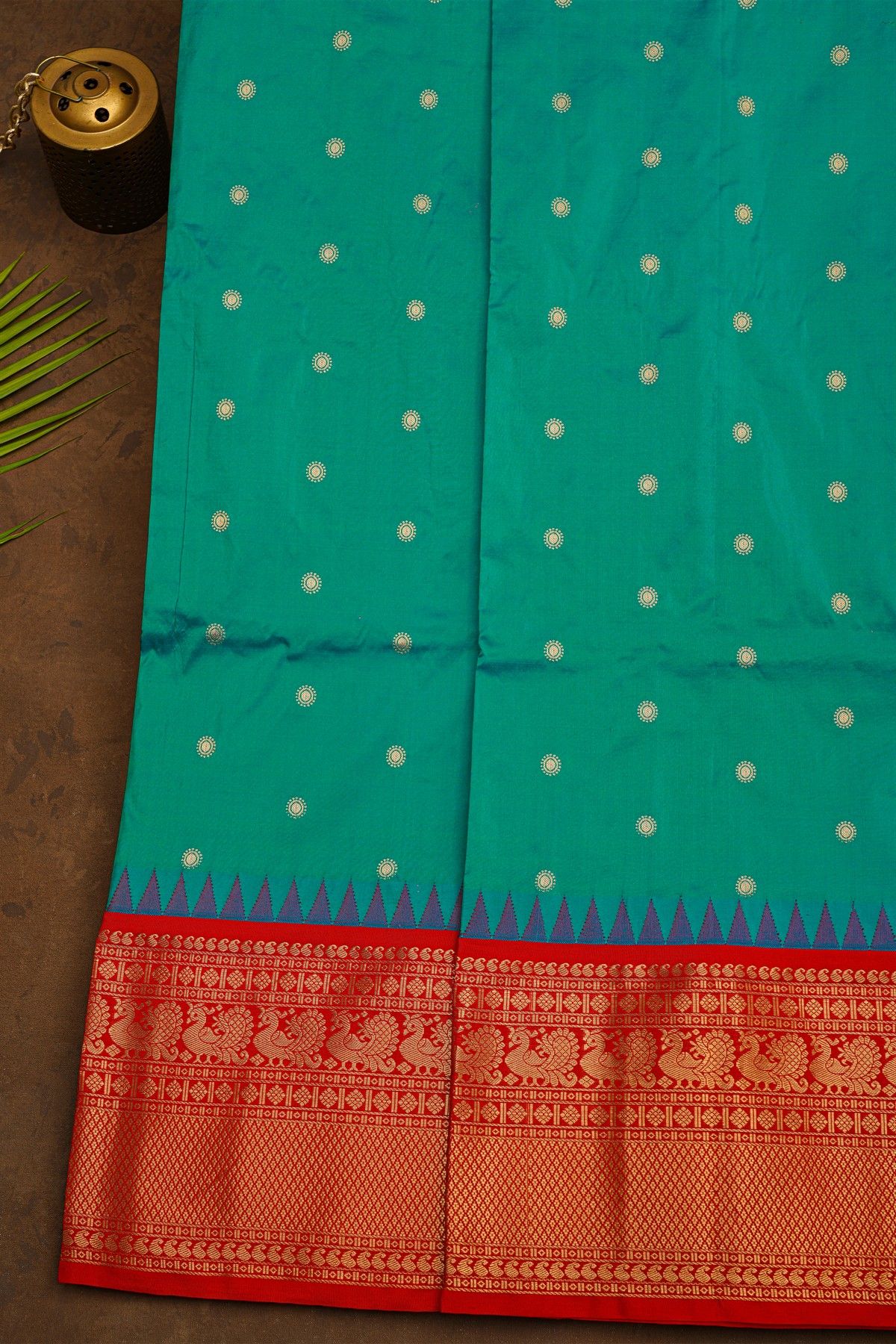 Narayanpet Silk Teal Blue Saree With Peacock Buttis