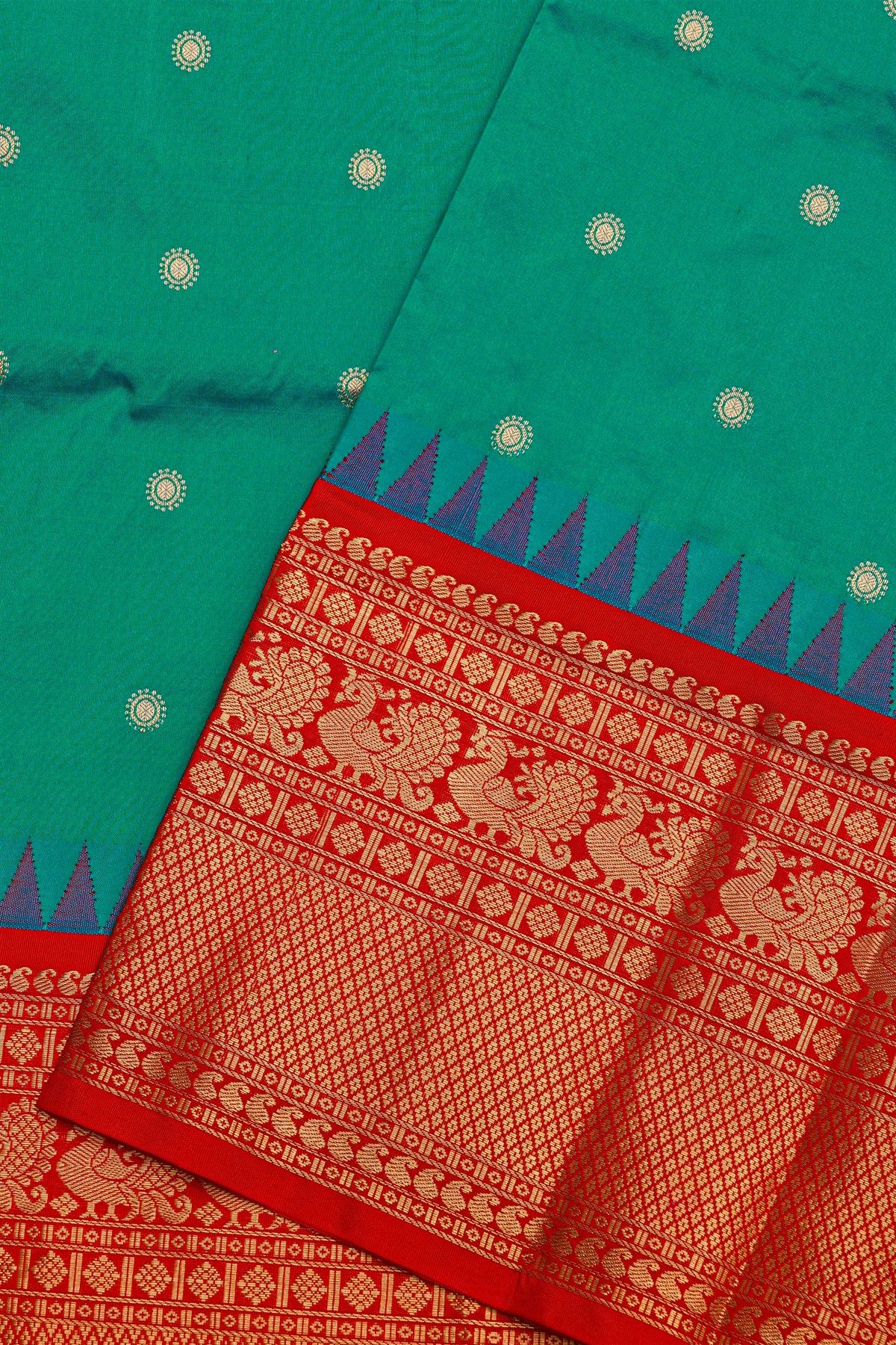 Narayanpet Silk Teal Blue Saree With Peacock Buttis