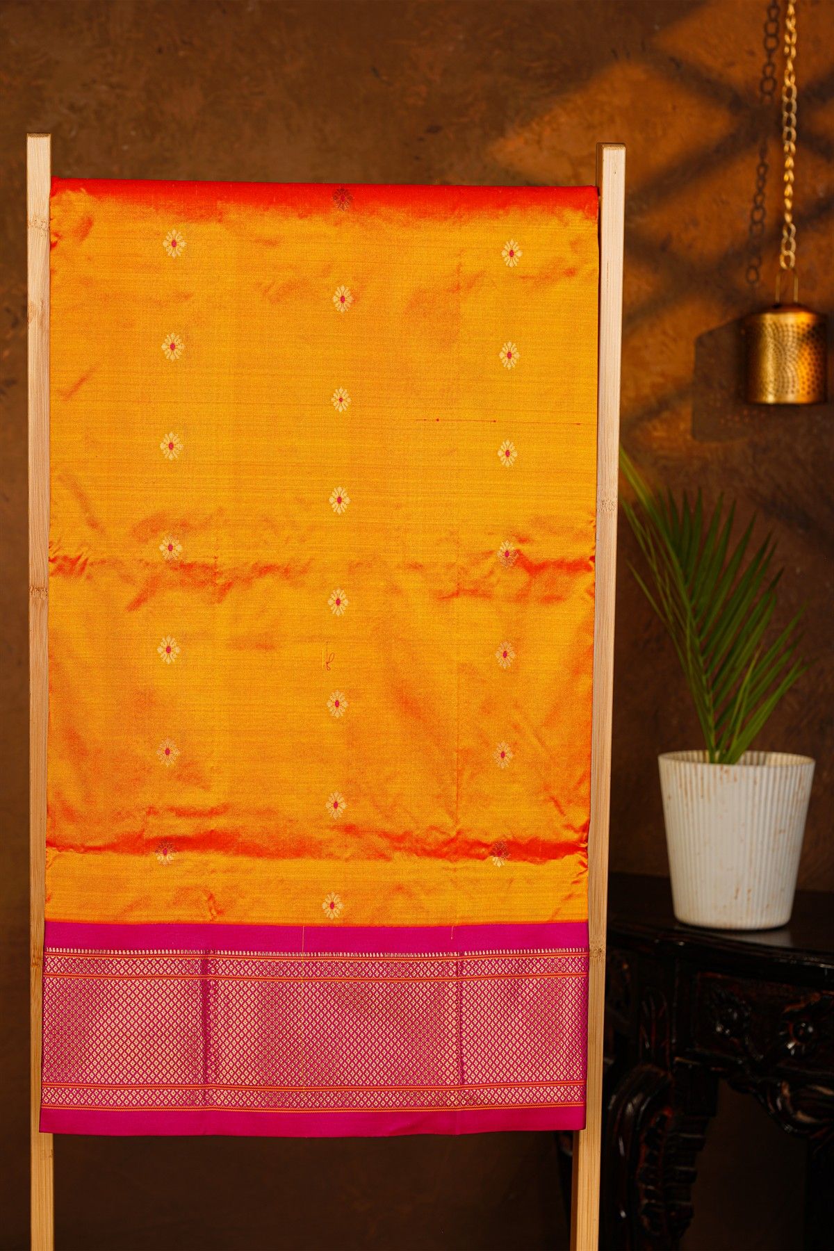 Narayanpet Silk Mustard Yellow Saree With Florals And Peacocks In Paithani Pallu