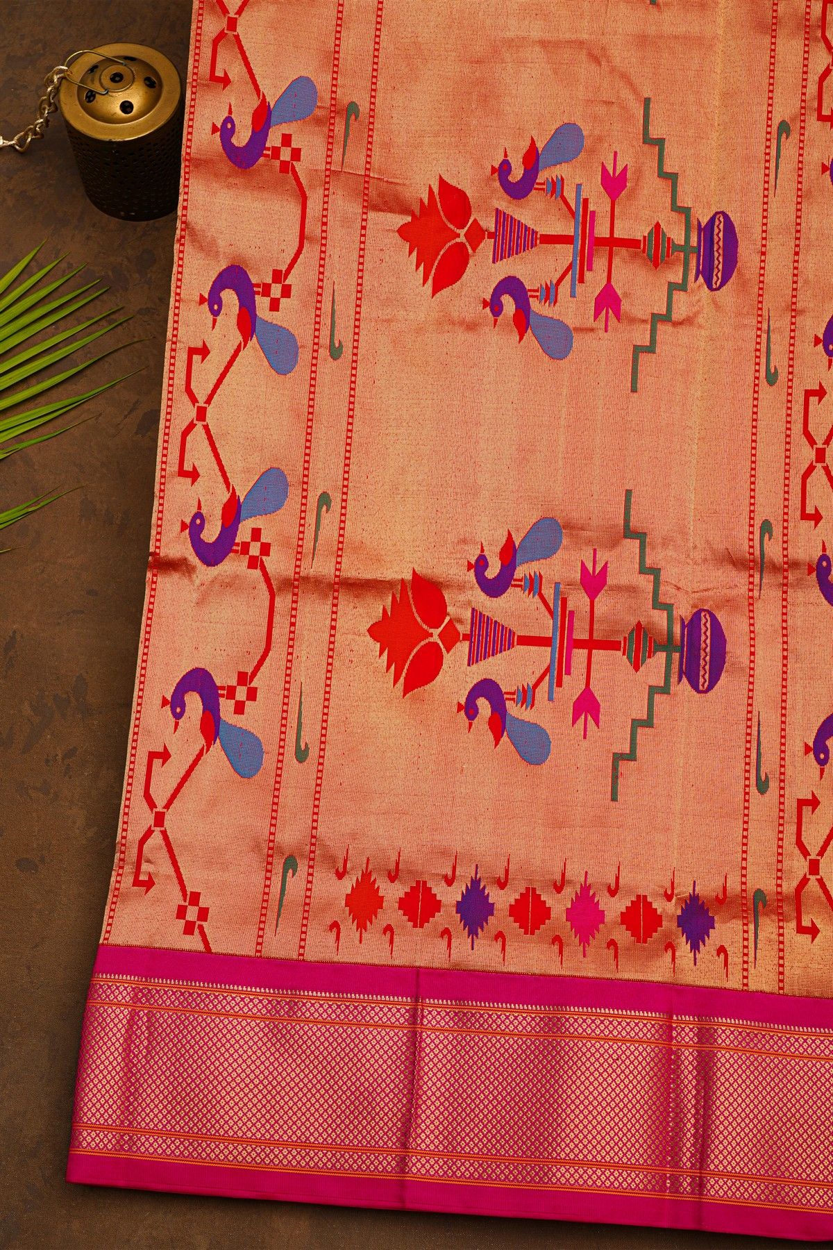Narayanpet Silk Mustard Yellow Saree With Florals And Peacocks In Paithani Pallu
