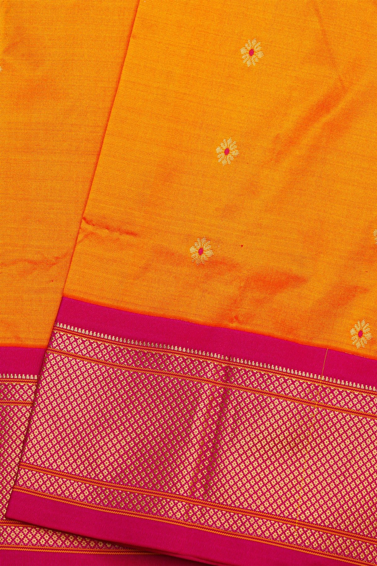 Narayanpet Silk Mustard Yellow Saree With Florals And Peacocks In Paithani Pallu