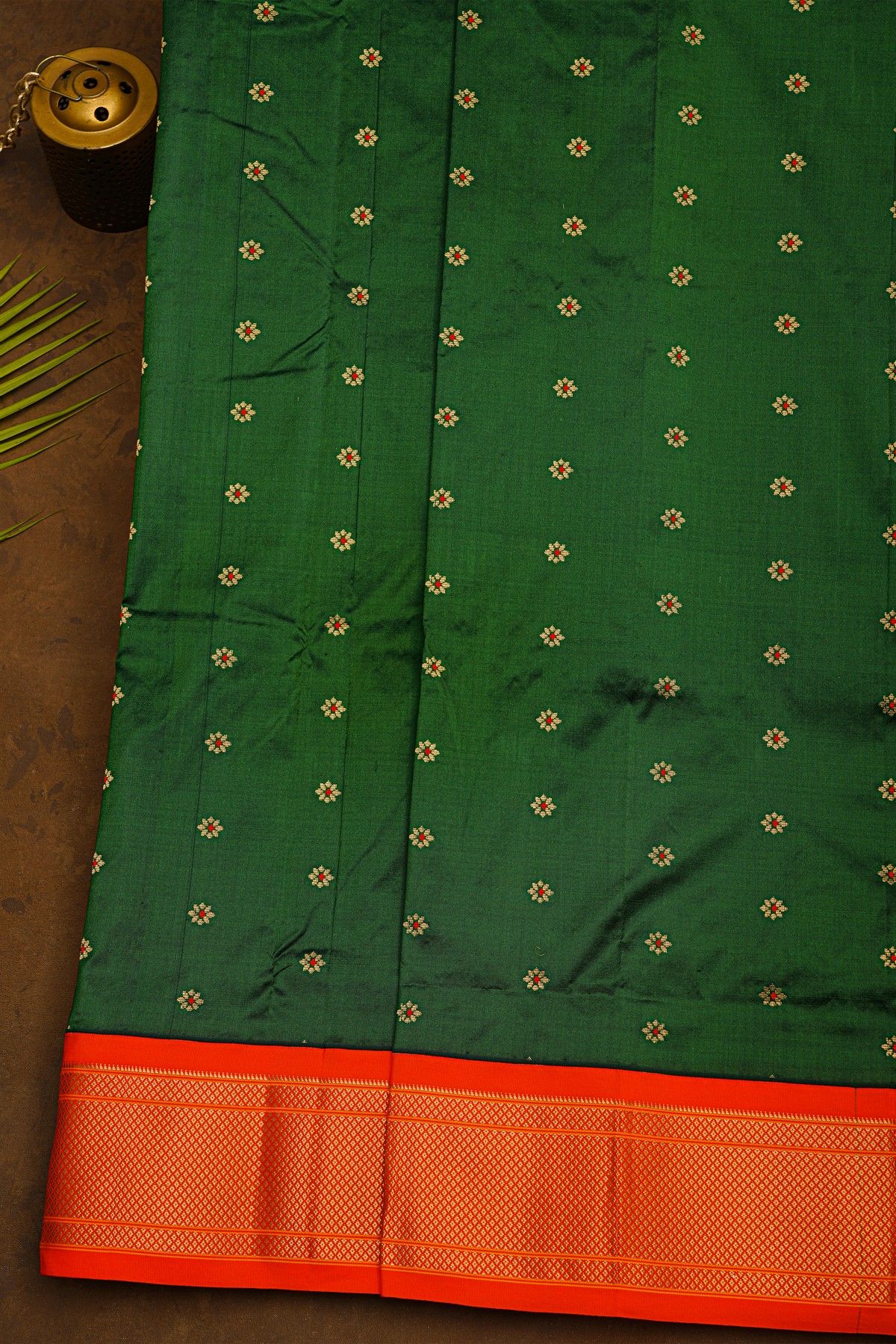 Narayanpet Silk Bottle Green Saree With Florals And Peacocks In Paithani Pallu