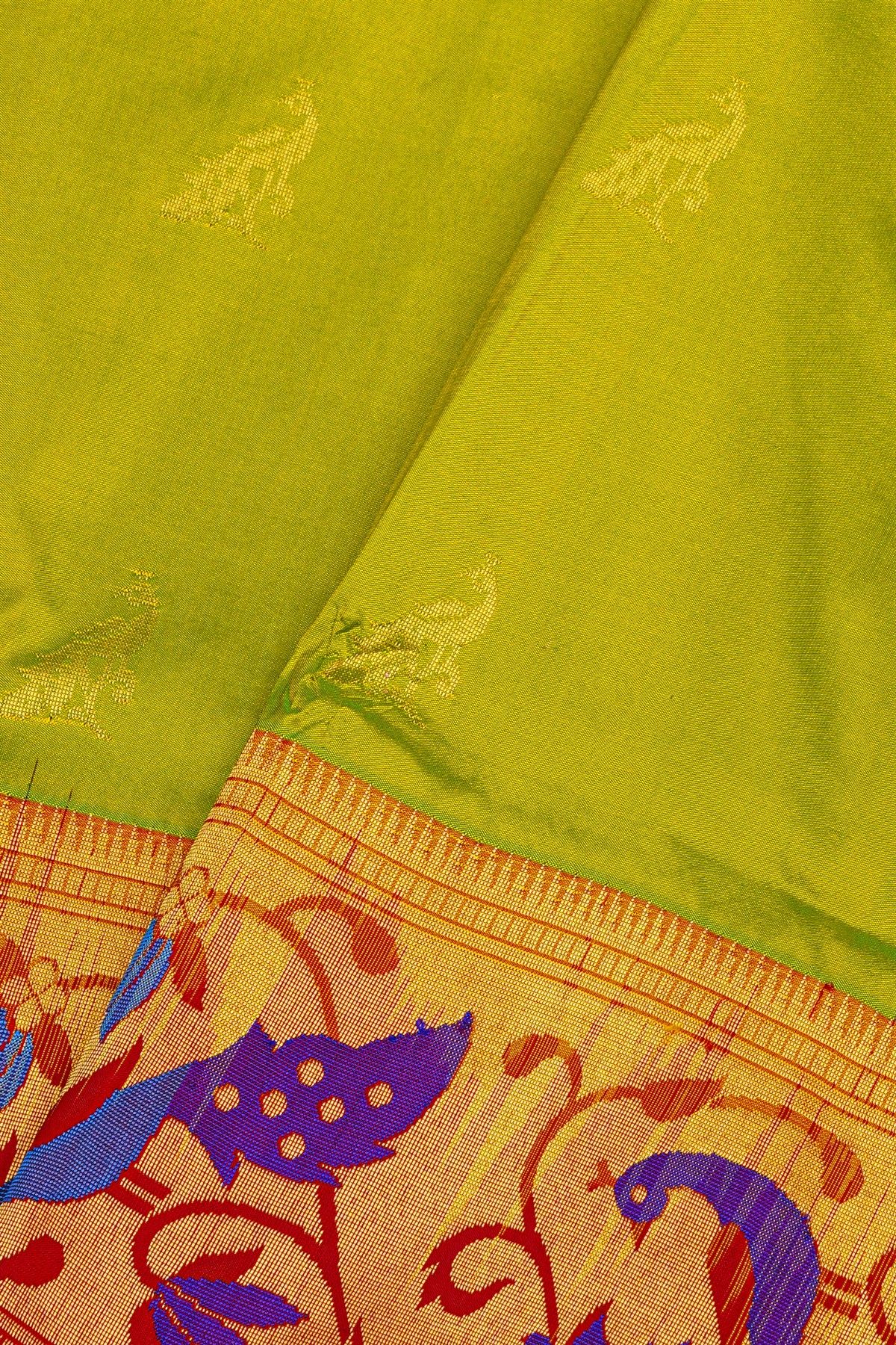 Narayanpet Silk Neon Green Saree With Peacock Buttis Body