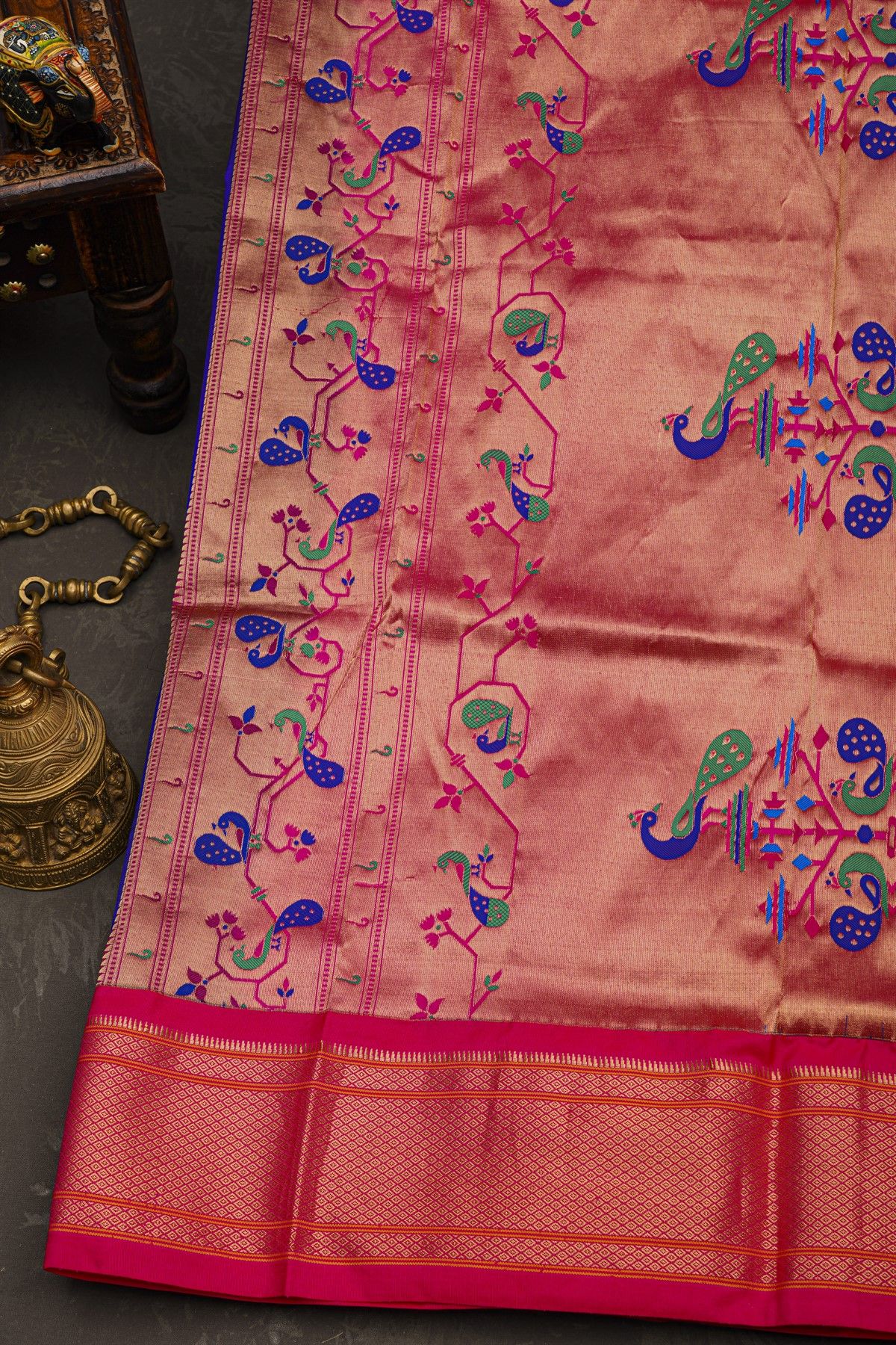 Narayanpet Silk Royal Blue Saree With Peacock Buttis Body