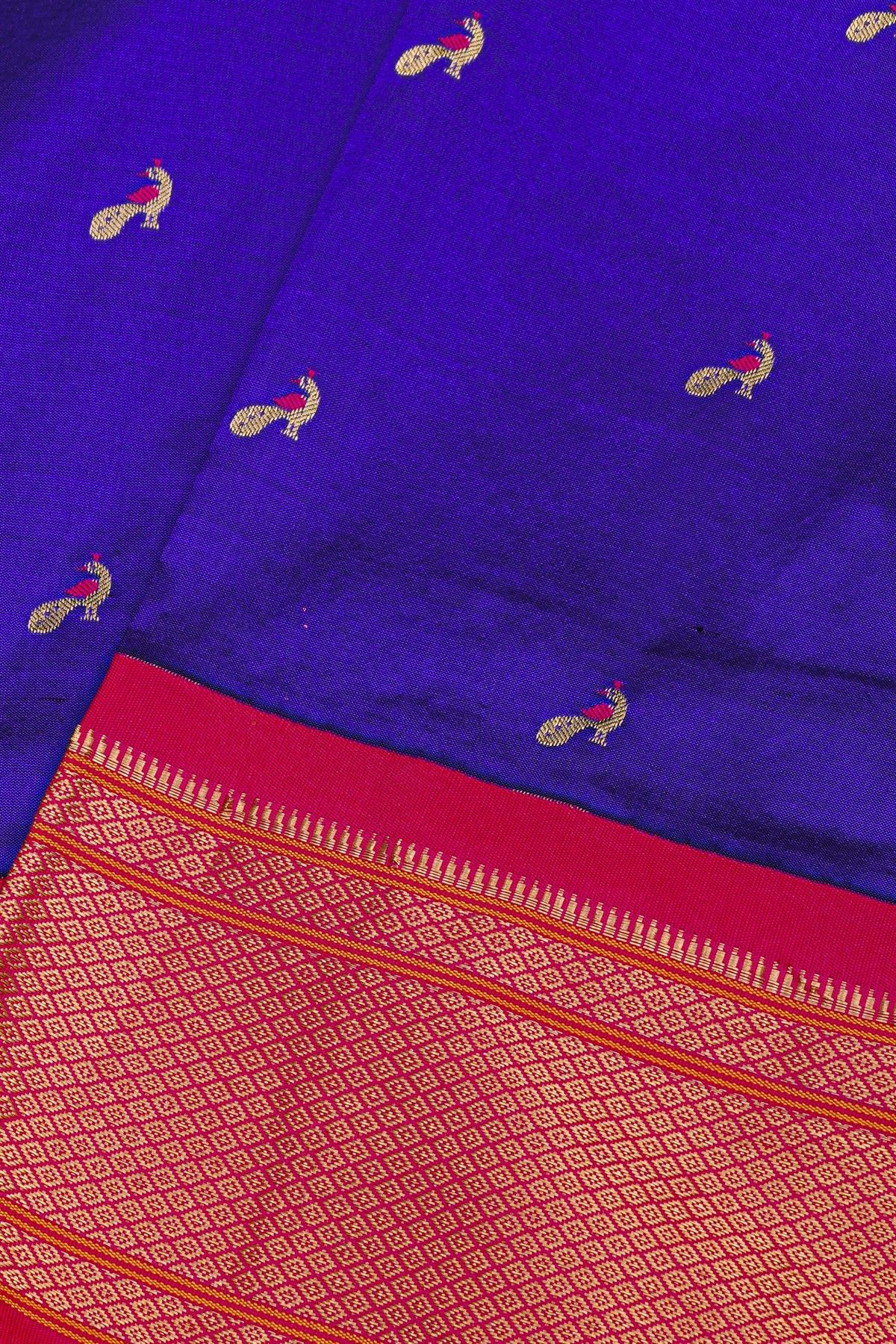Narayanpet Silk Royal Blue Saree With Peacock Buttis Body