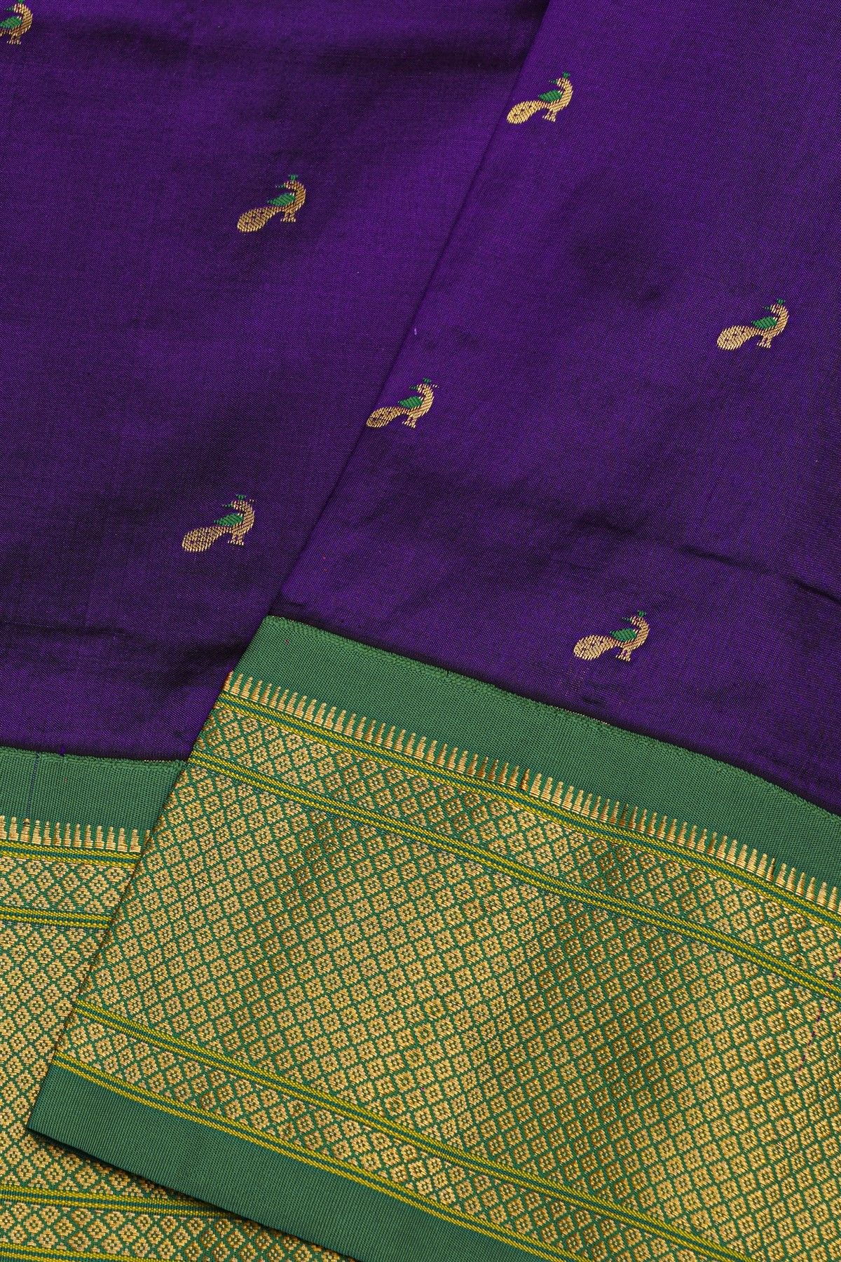 Narayanpet Silk Violet Saree With Peacock Buttis Body