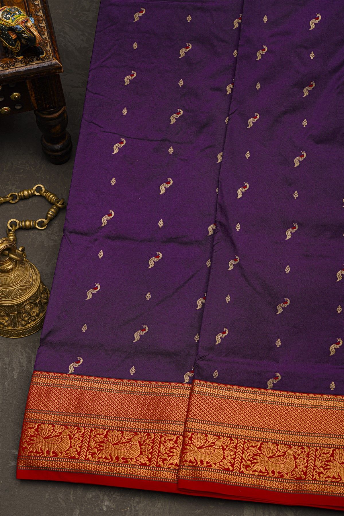 Narayanpet Silk Dark Purple Saree With Diamonds And Peacock Buttis Border