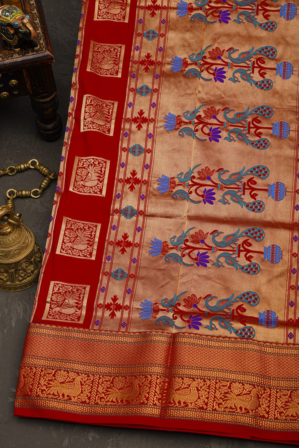 Narayanpet Silk Dark Purple Saree With Diamonds And Peacock Buttis Border