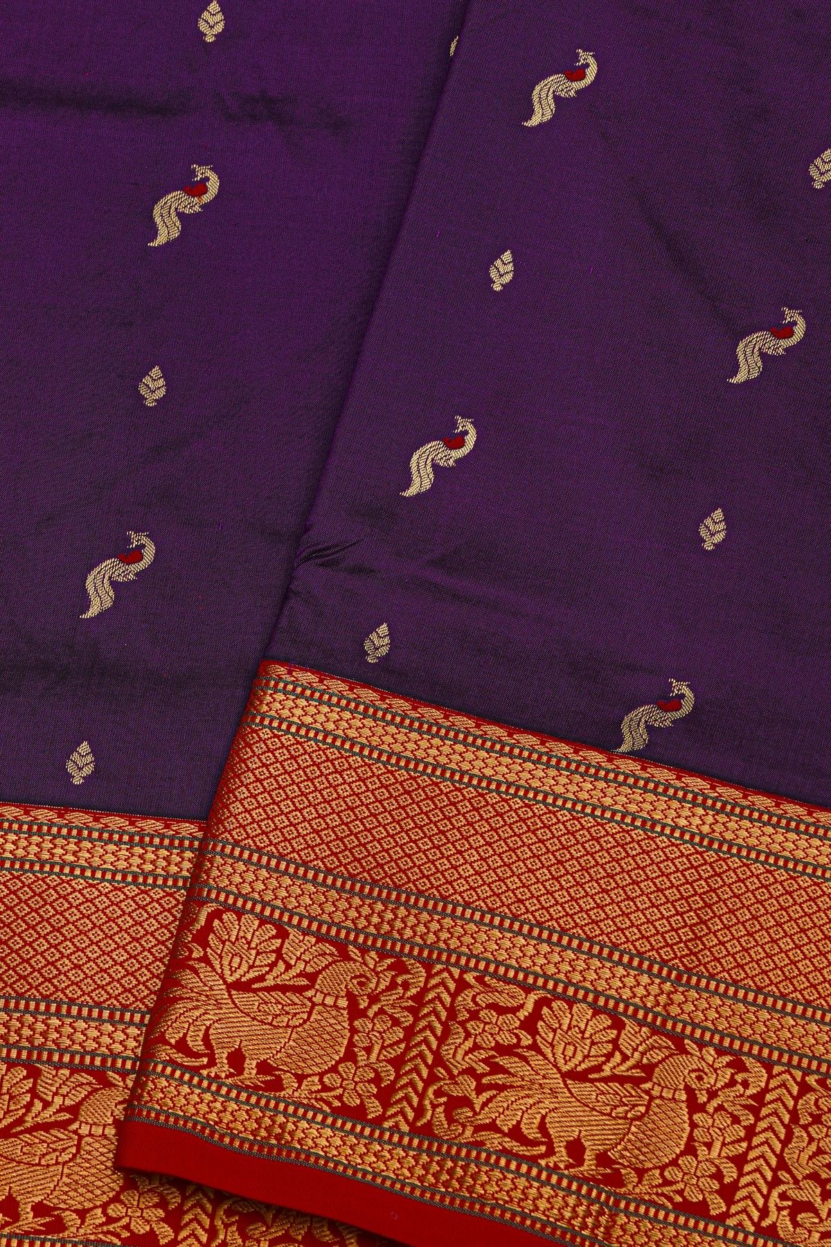 Narayanpet Silk Dark Purple Saree With Diamonds And Peacock Buttis Border