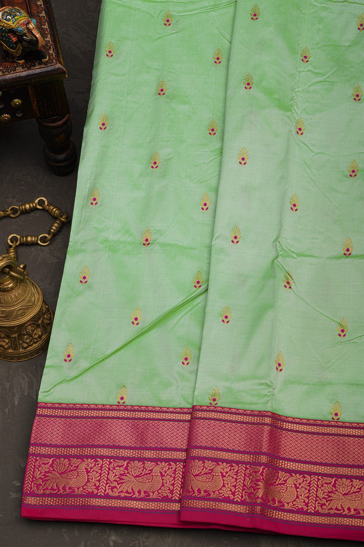 Narayanpet Silk Pista Green Saree With Florals And Buttis Body