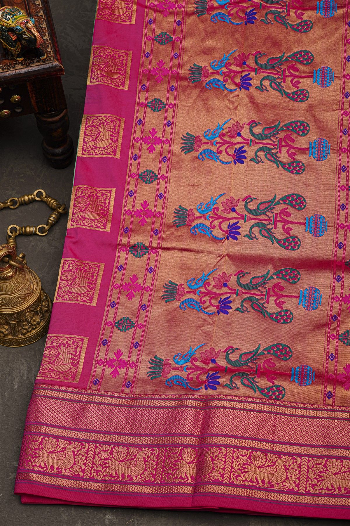 Narayanpet Silk Pista Green Saree With Florals And Buttis Body