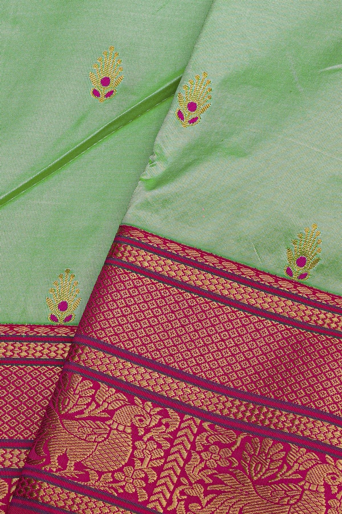 Narayanpet Silk Pista Green Saree With Florals And Buttis Body