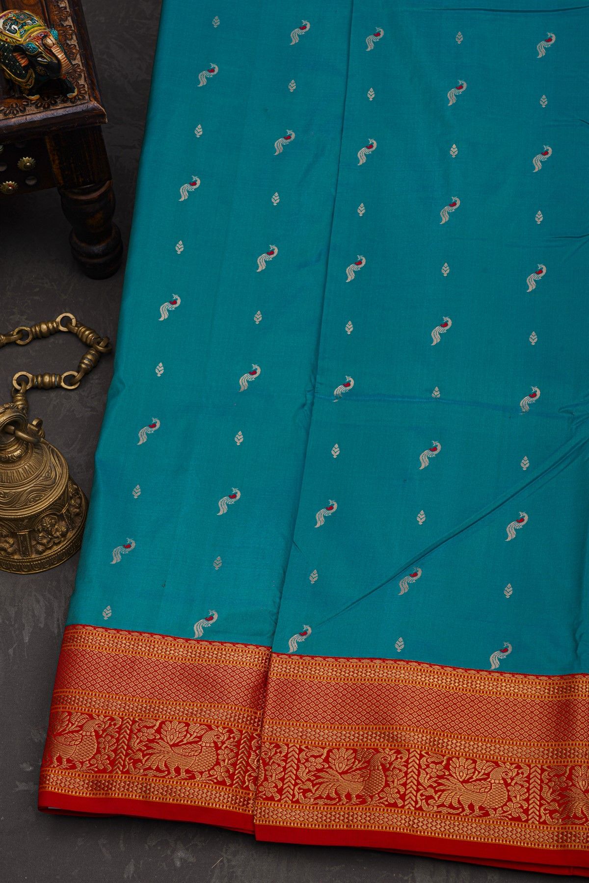 Narayanpet Silk Teal Blue Saree With Peacock And Leaves Buttis Body