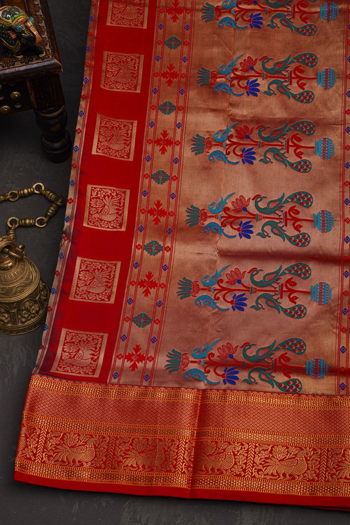 Narayanpet Silk Teal Blue Saree With Peacock And Leaves Buttis Body