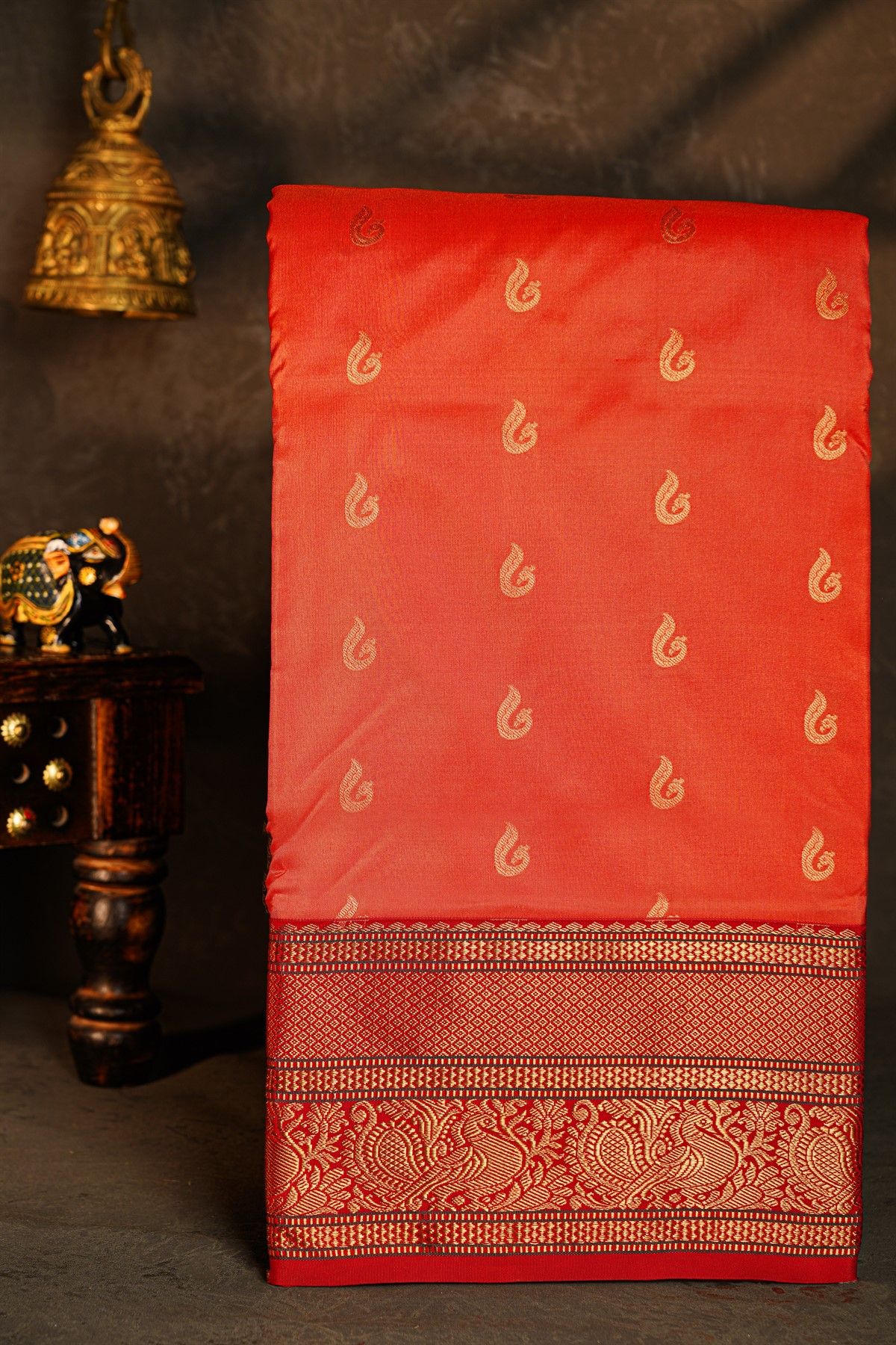 Narayanpet Silk Orange Saree With Peacocks And Diamonds Border