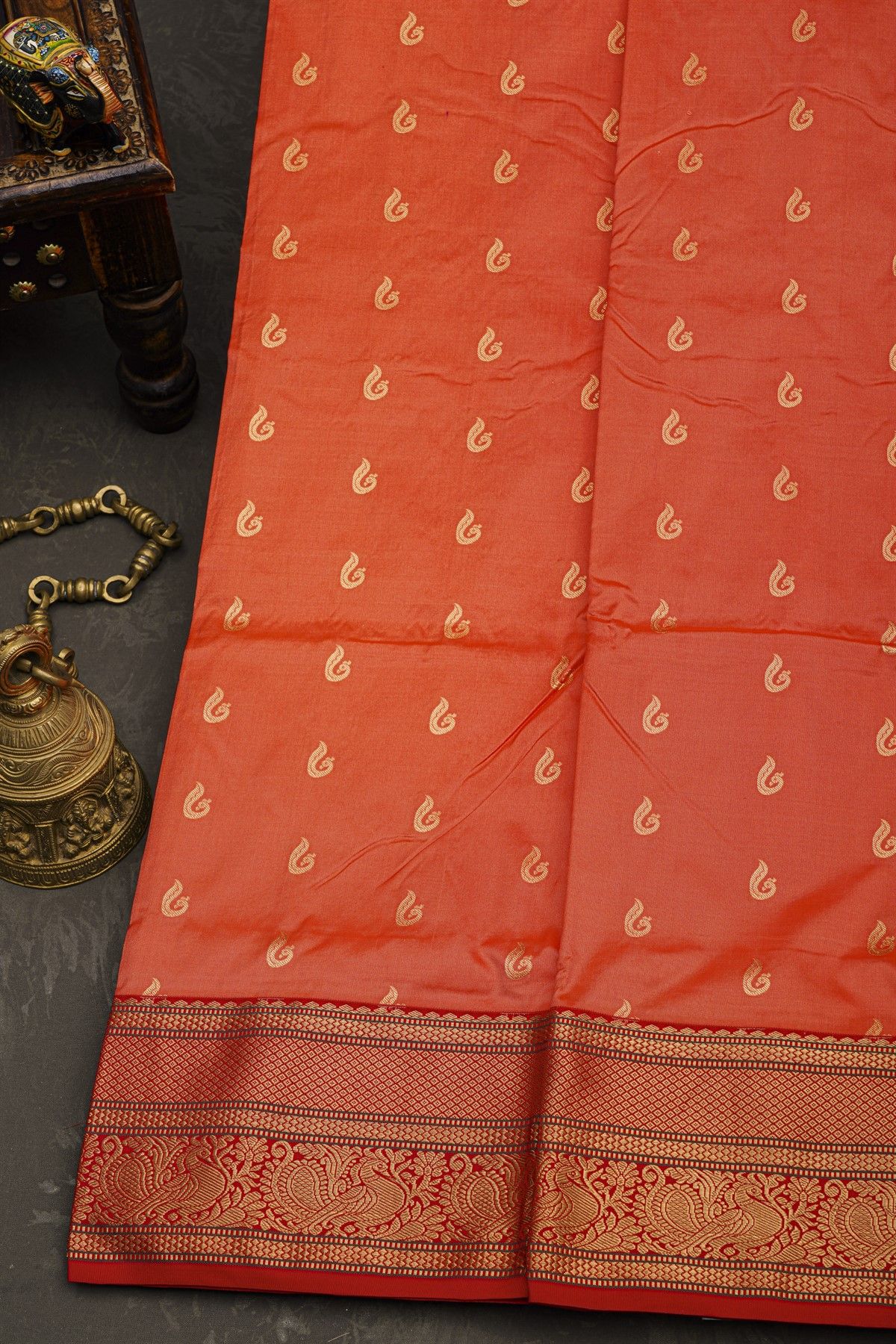 Narayanpet Silk Orange Saree With Peacocks And Diamonds Border