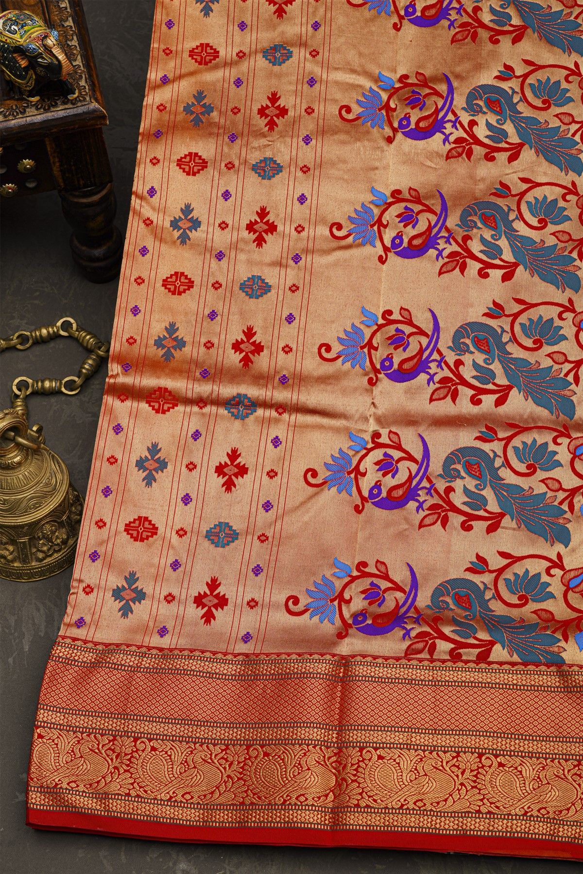 Narayanpet Silk Orange Saree With Peacocks And Diamonds Border