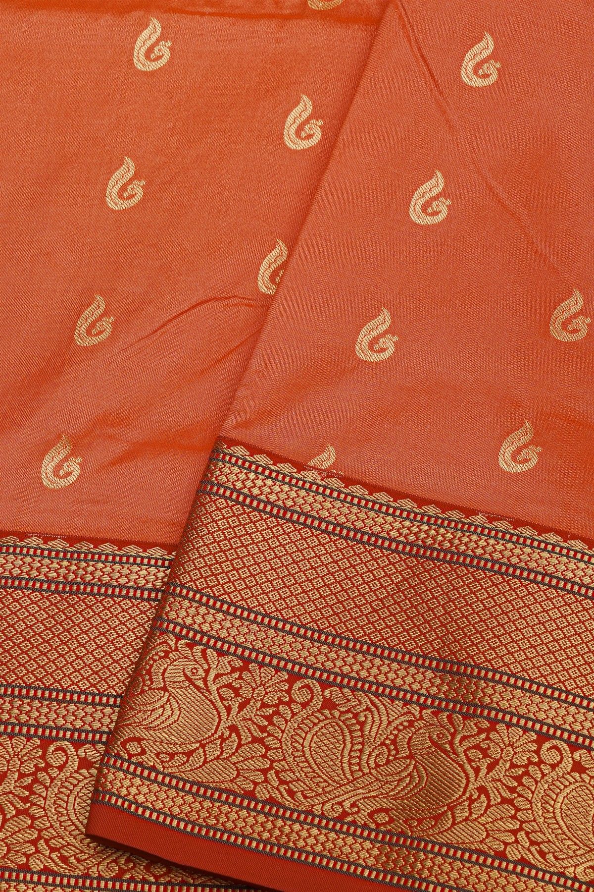 Narayanpet Silk Orange Saree With Peacocks And Diamonds Border