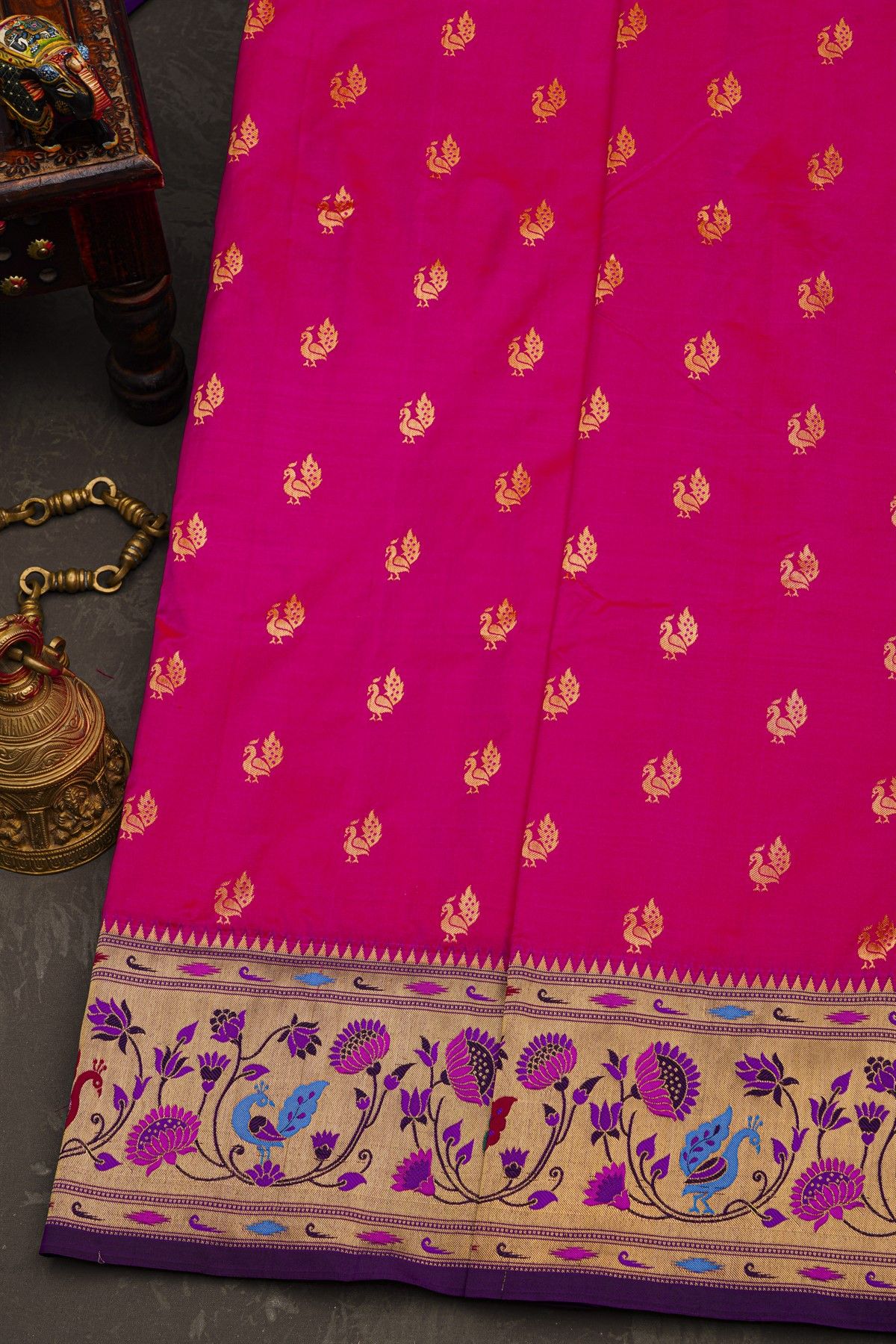 Narayanpet Silk Rani Pink Saree With Peacock Buttis Body