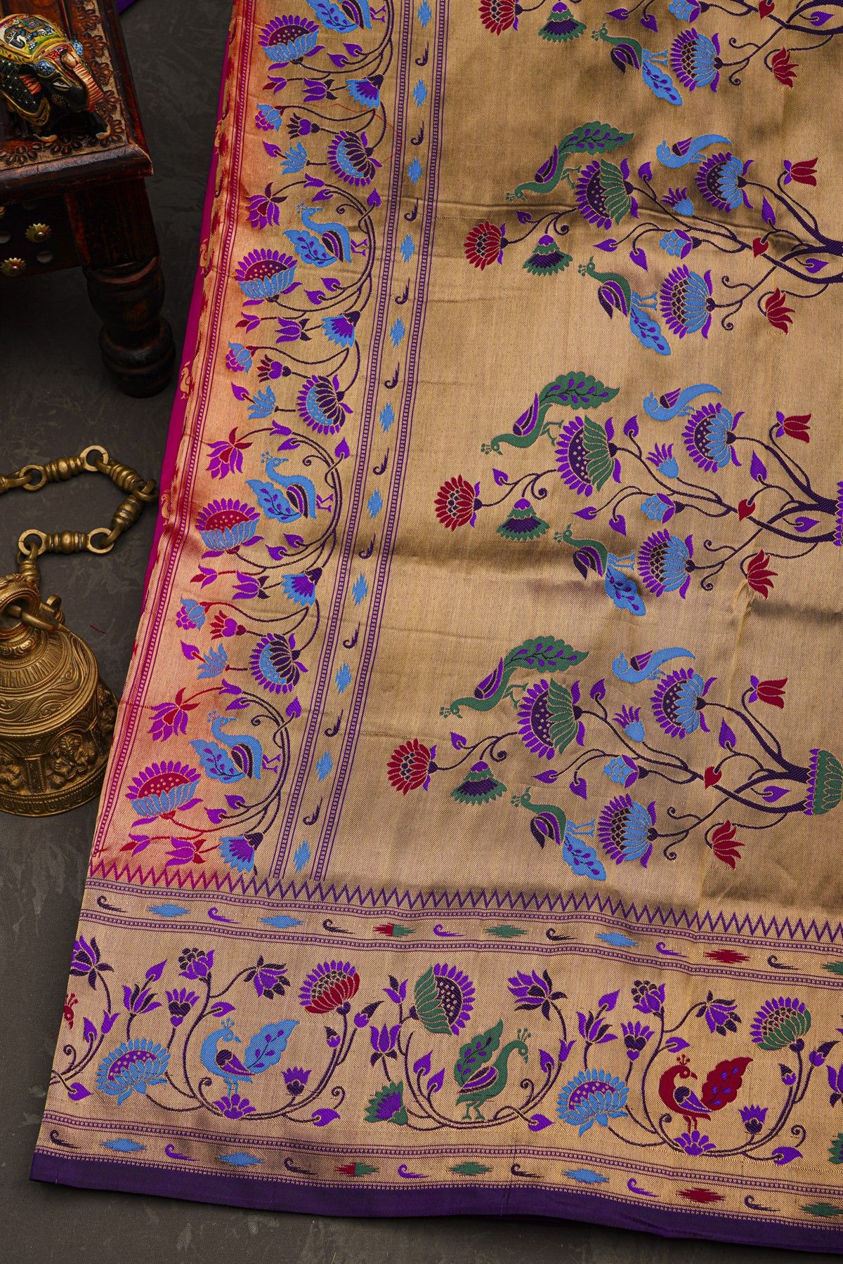 Narayanpet Silk Rani Pink Saree With Peacock Buttis Body