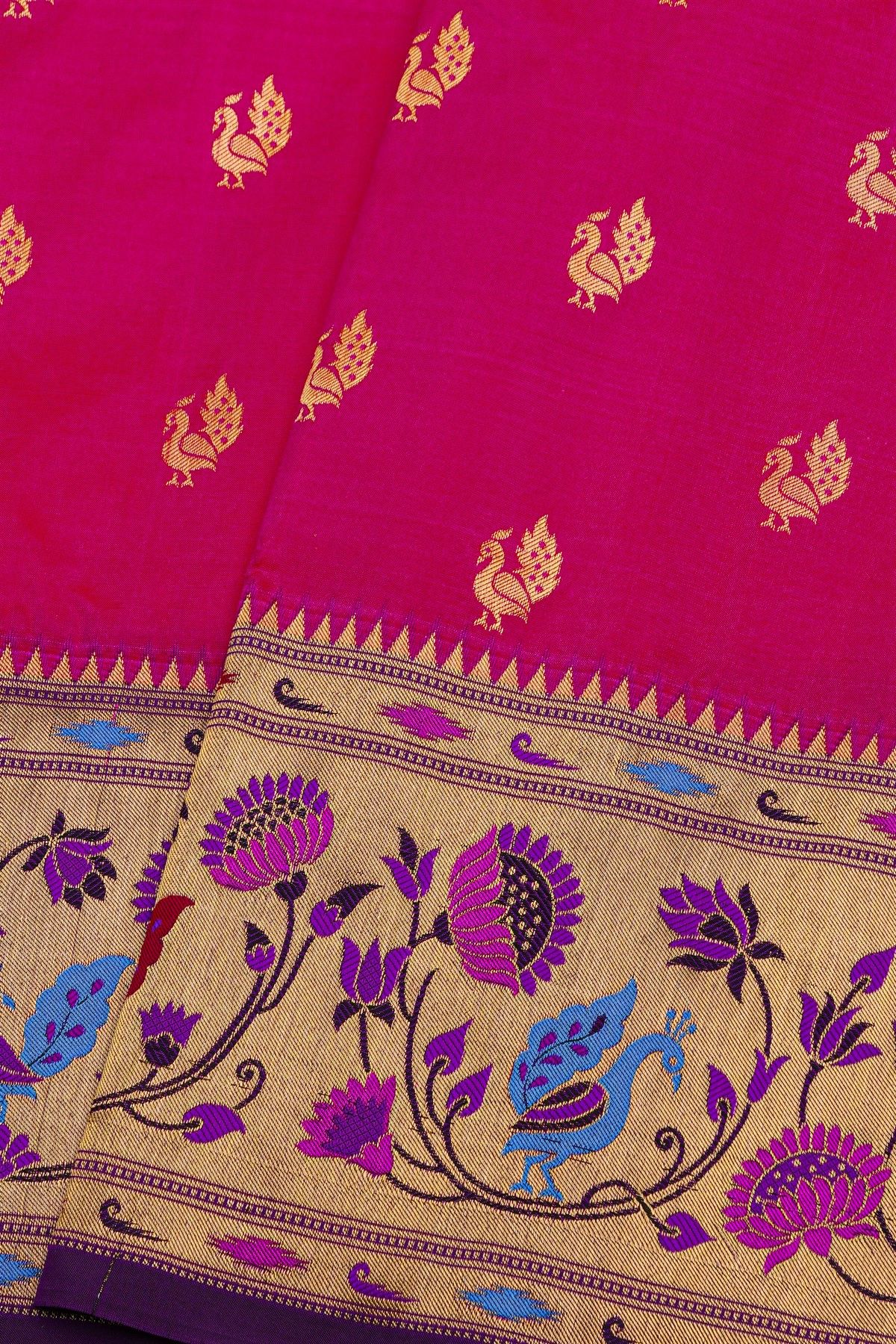 Narayanpet Silk Rani Pink Saree With Peacock Buttis Body