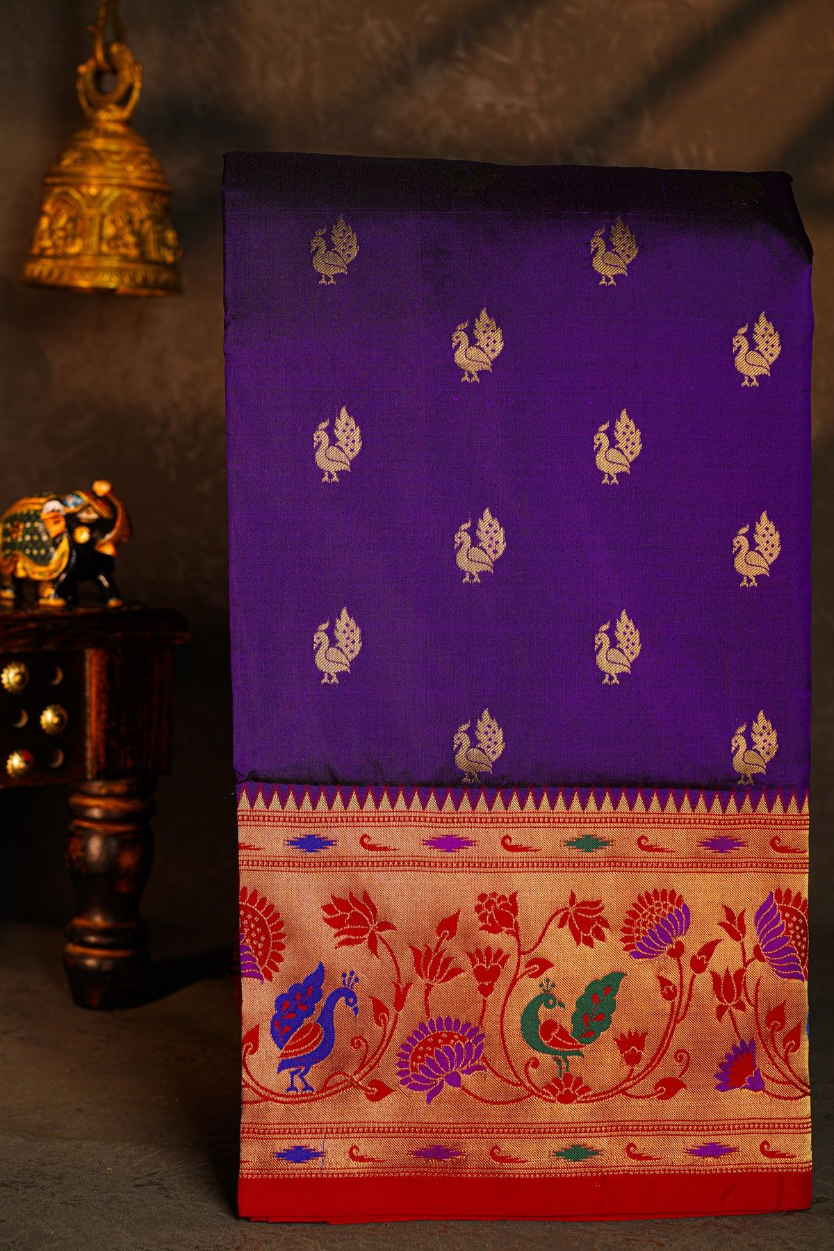 Narayanpet Silk Violet Saree With Paithani Peacock Buttis Border