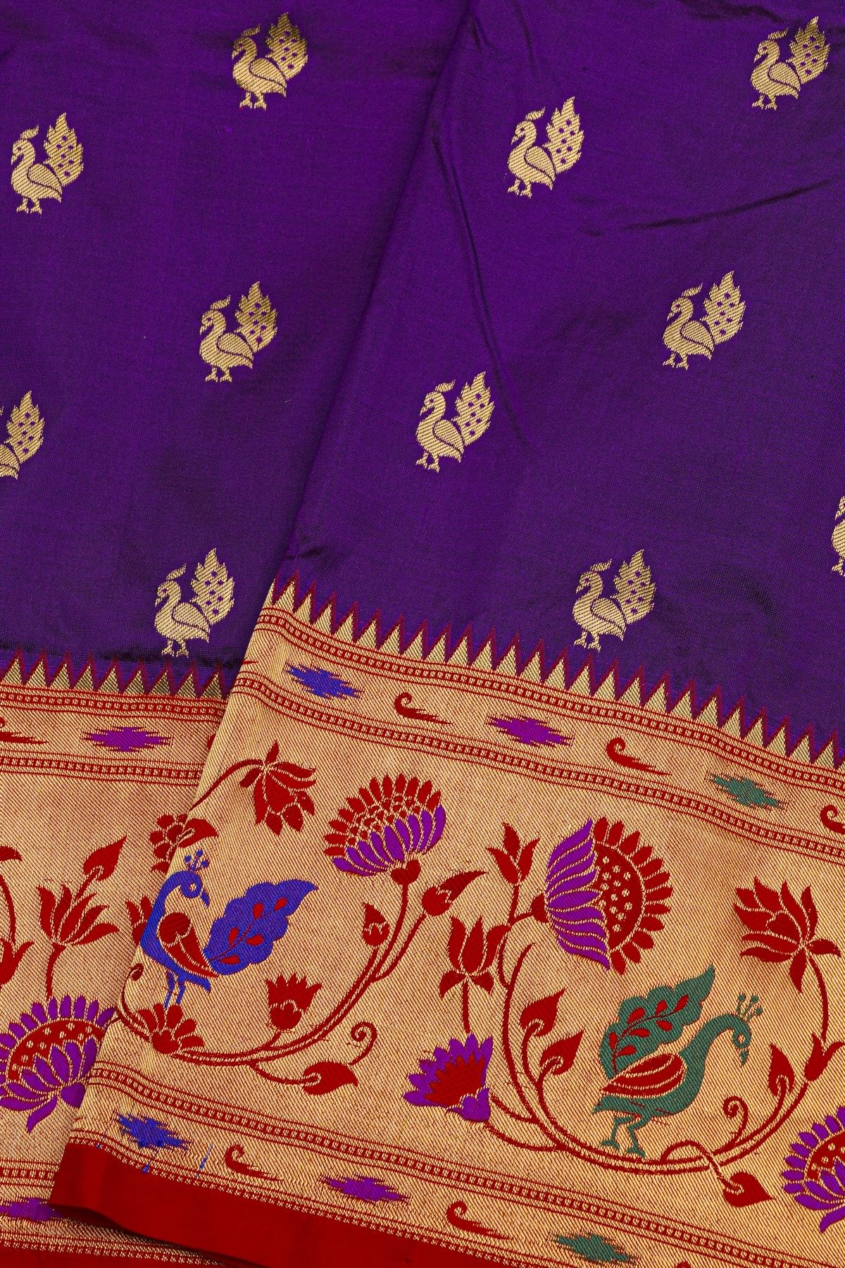 Narayanpet Silk Violet Saree With Paithani Peacock Buttis Border