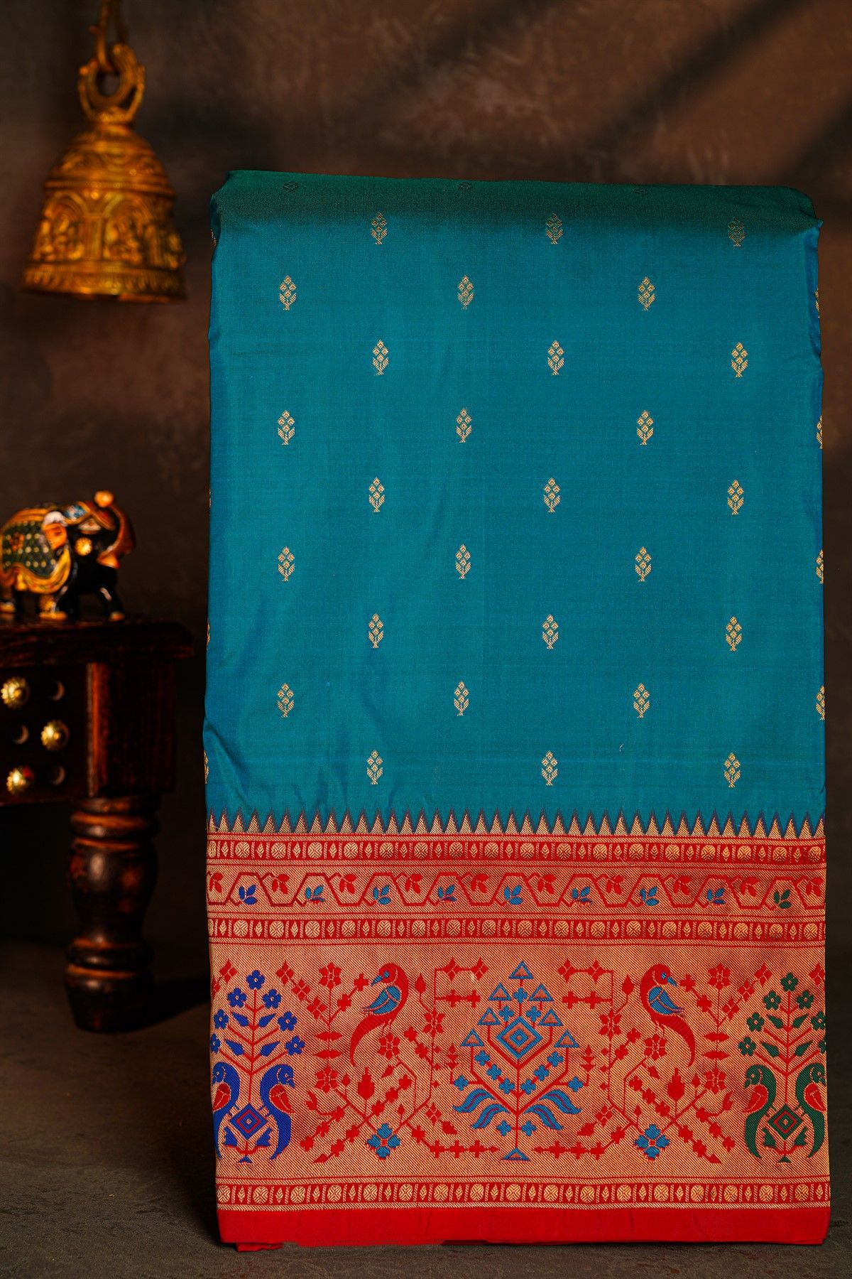 Narayanpet Silk Peacock Blue Saree With Florals And Buttis Body