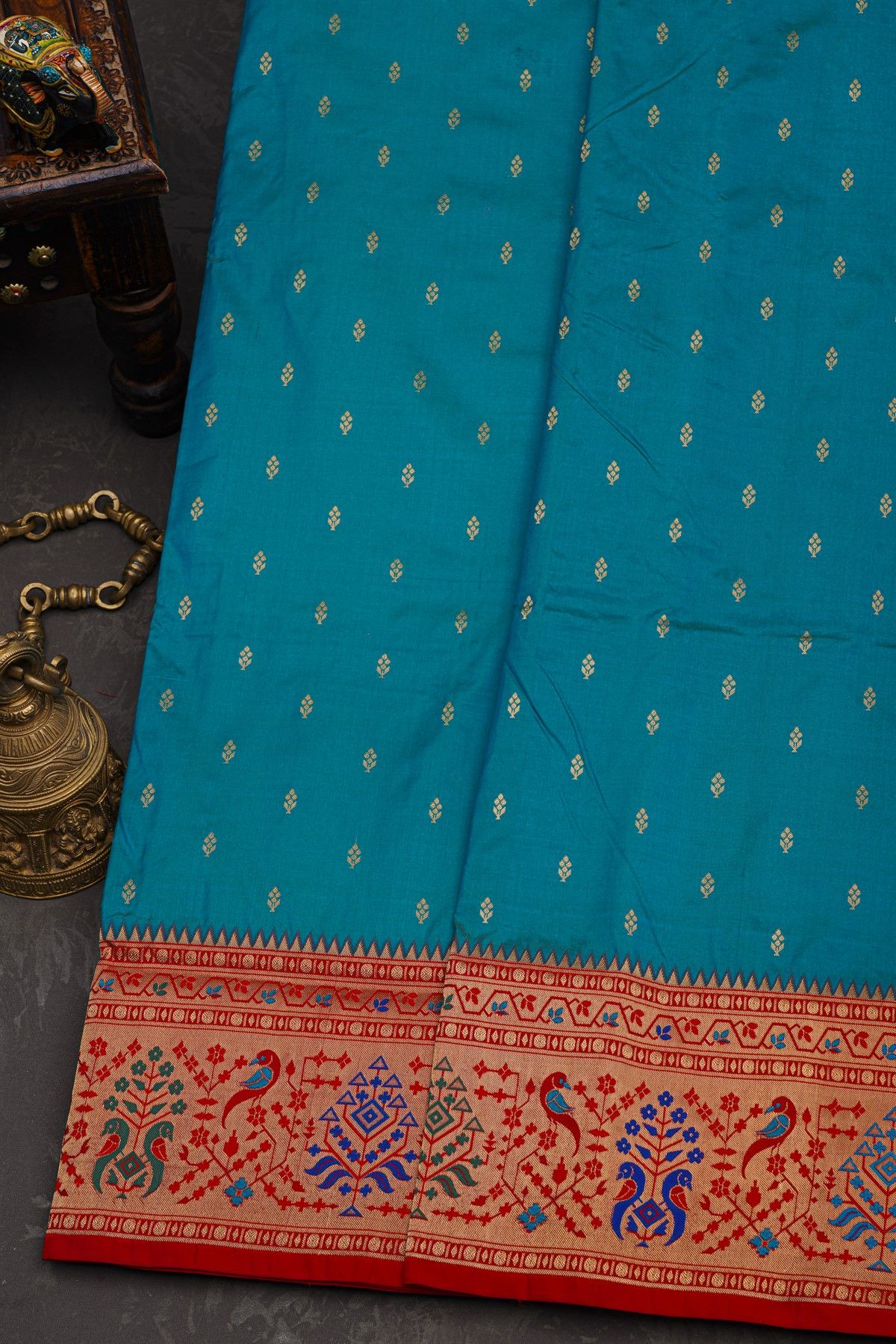 Narayanpet Silk Peacock Blue Saree With Florals And Buttis Body
