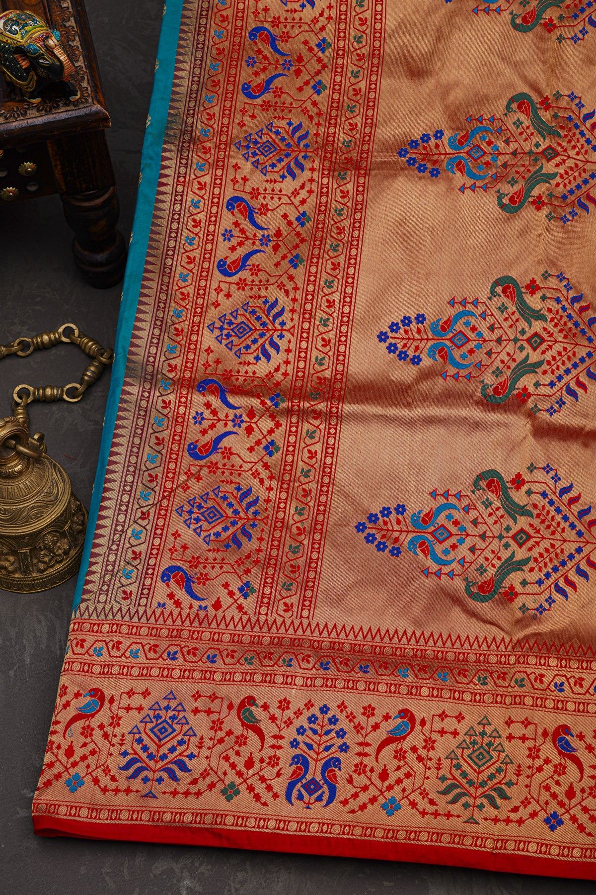 Narayanpet Silk Peacock Blue Saree With Florals And Buttis Body