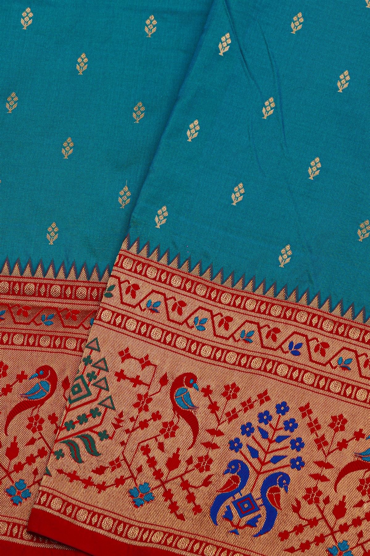 Narayanpet Silk Peacock Blue Saree With Florals And Buttis Body