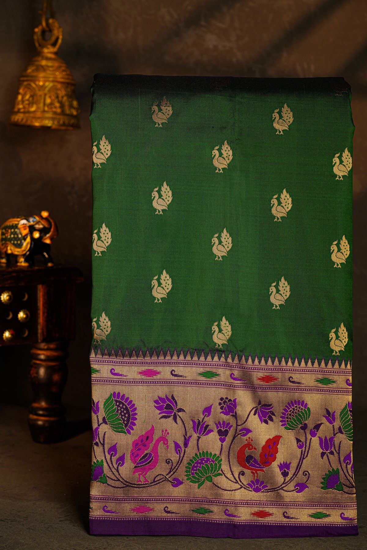Narayanpet Silk Bottle Green Saree With Peacock And Florals Paithani Border