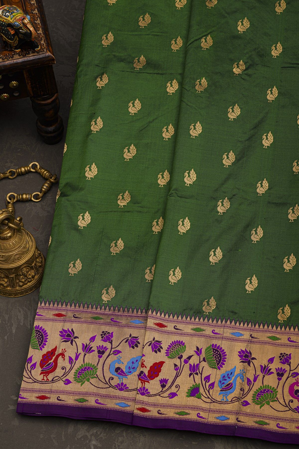 Narayanpet Silk Bottle Green Saree With Peacock And Florals Paithani Border