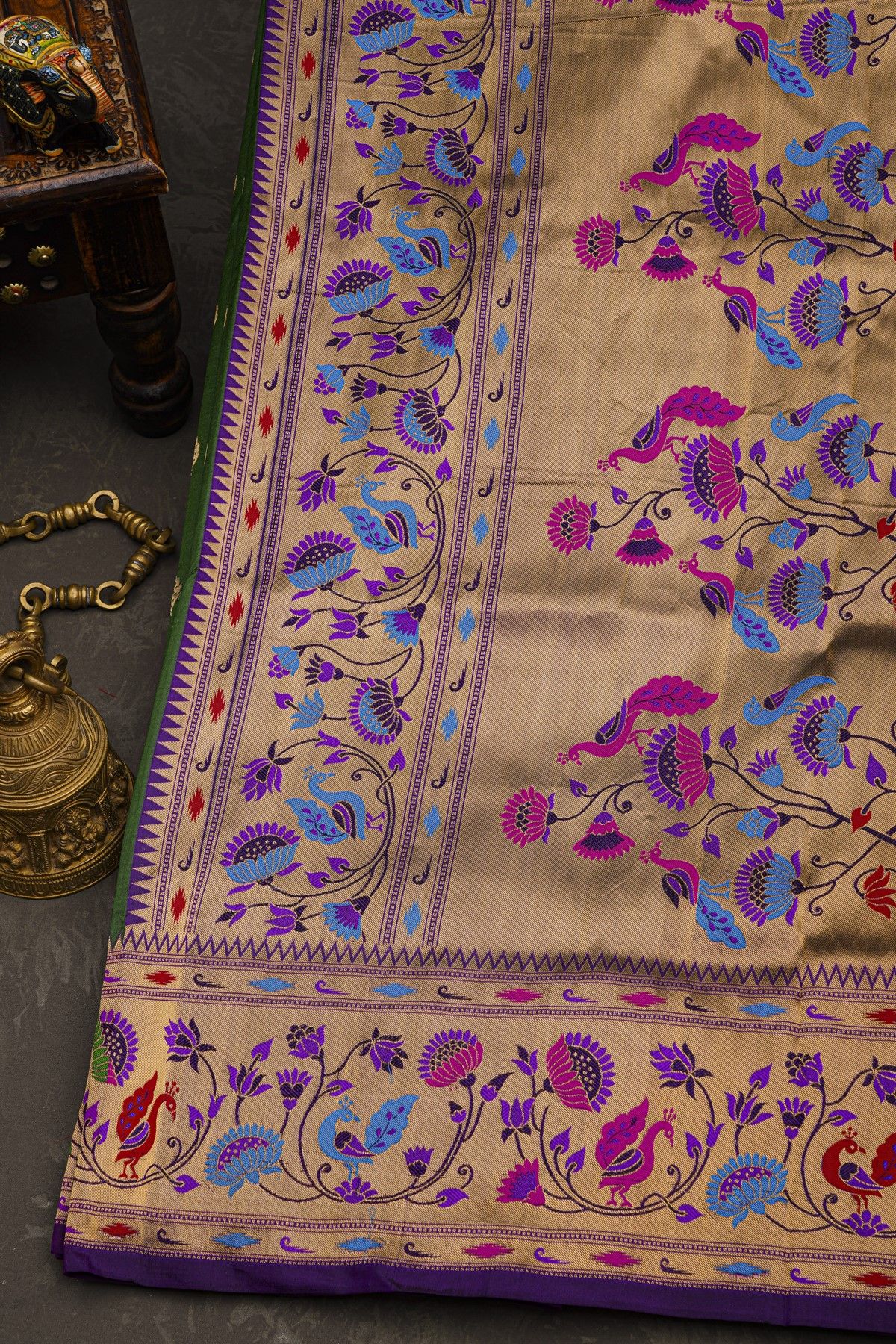 Narayanpet Silk Bottle Green Saree With Peacock And Florals Paithani Border