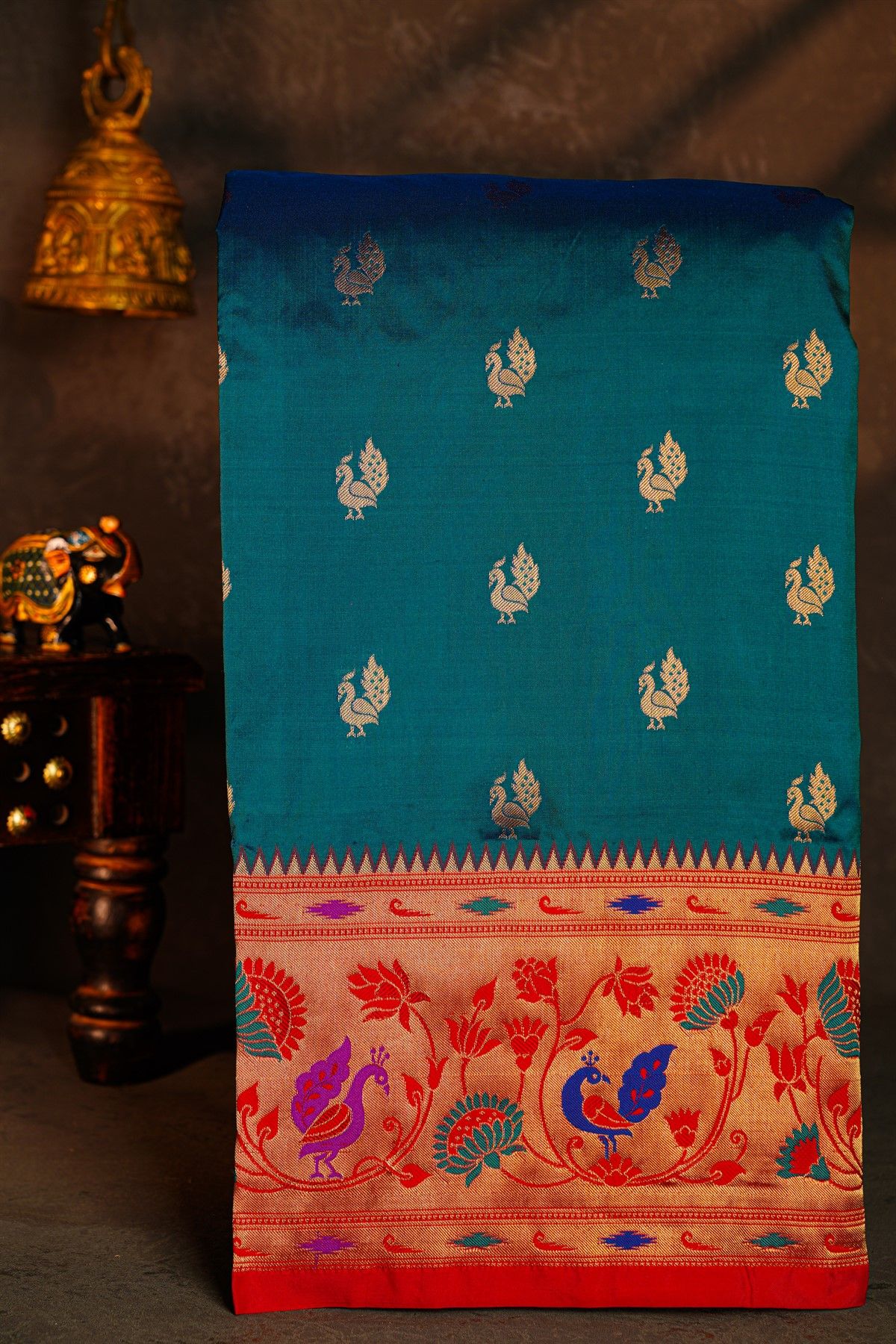 Narayanpet Silk Teal Blue Saree With Paithani Border