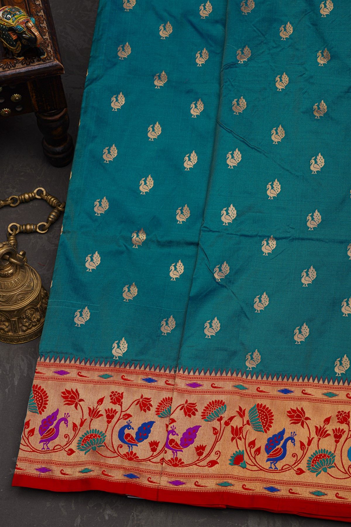 Narayanpet Silk Teal Blue Saree With Paithani Border