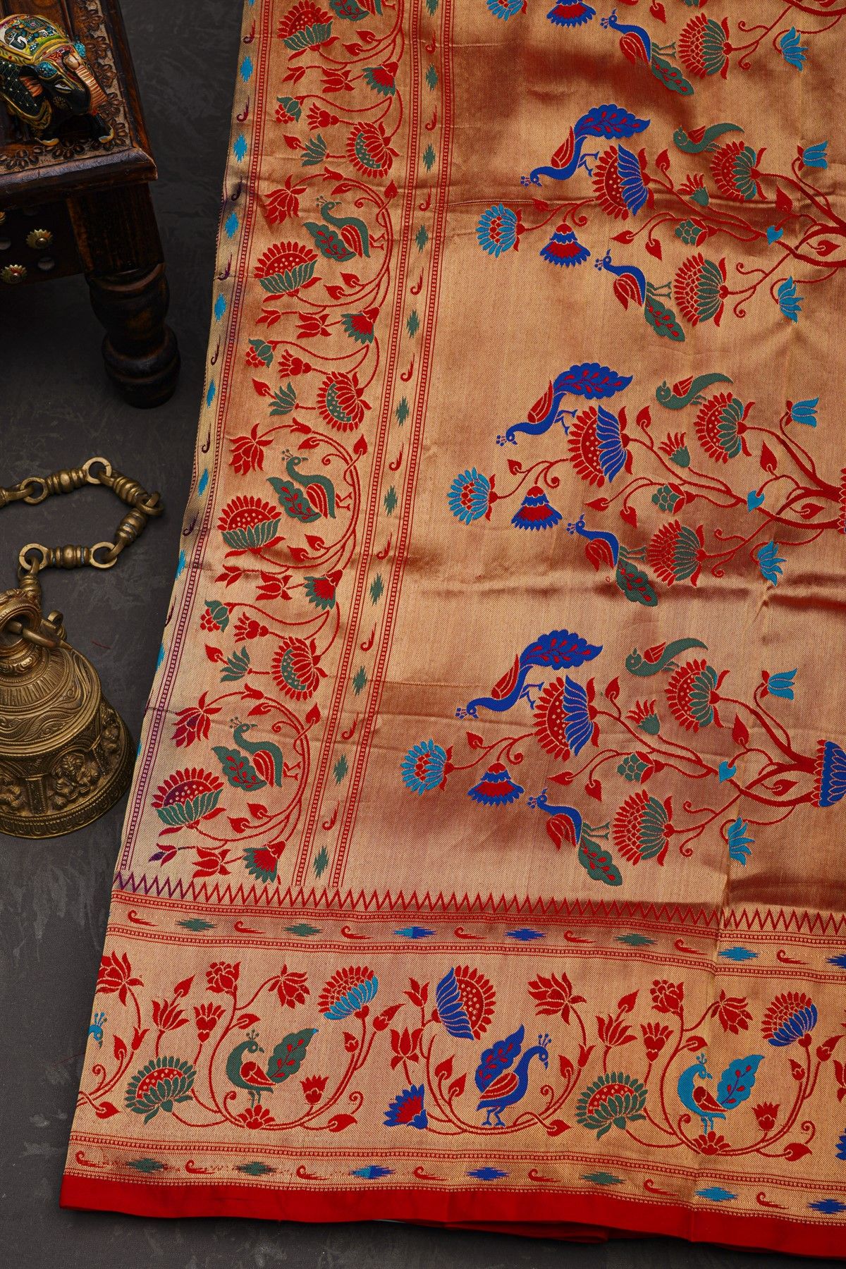 Narayanpet Silk Teal Blue Saree With Paithani Border