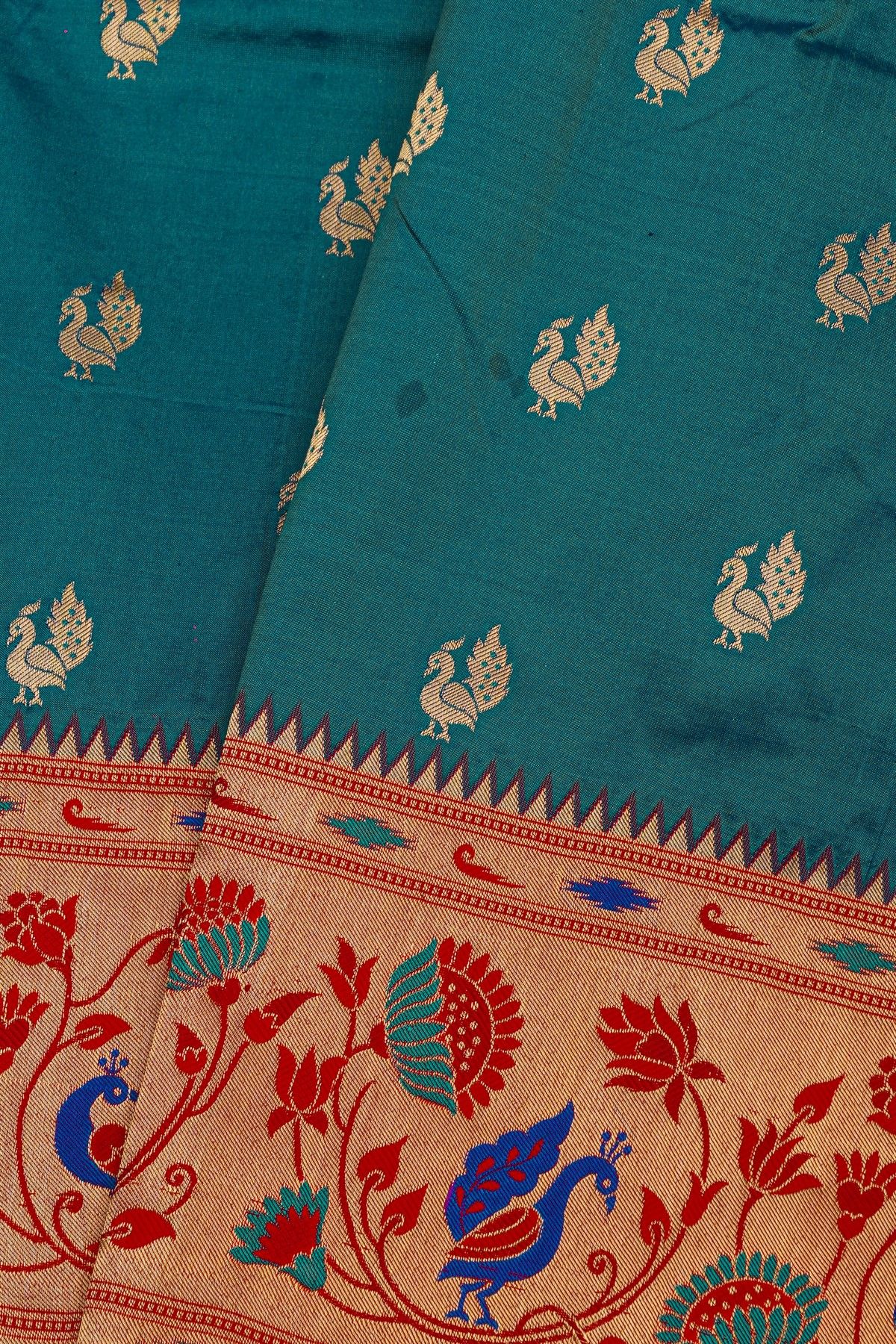 Narayanpet Silk Teal Blue Saree With Paithani Border