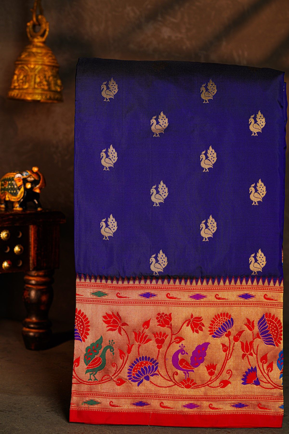 Narayanpet Silk Royal Blue Saree With Florals And Bird Jaal Paithani Border