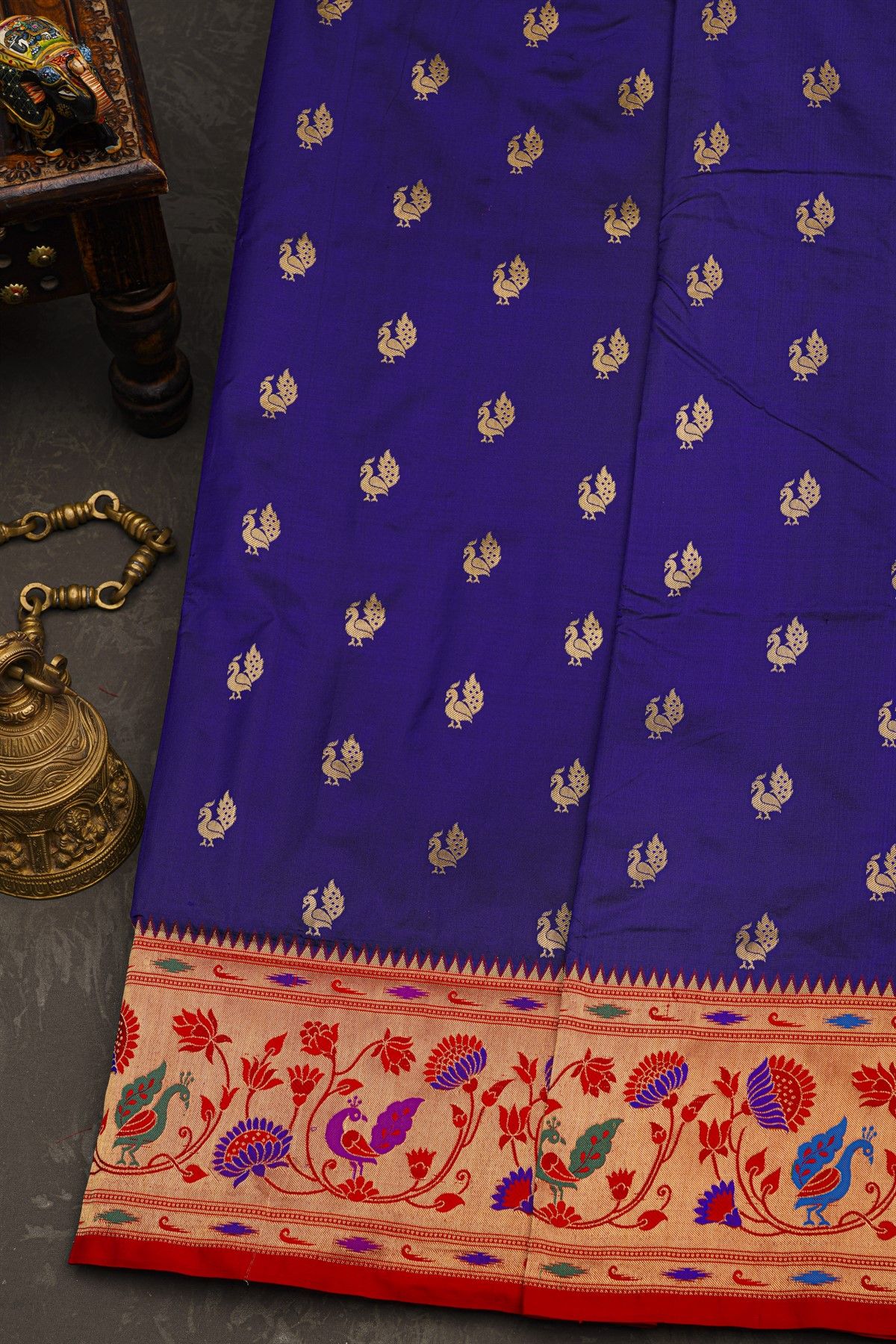 Narayanpet Silk Royal Blue Saree With Florals And Bird Jaal Paithani Border