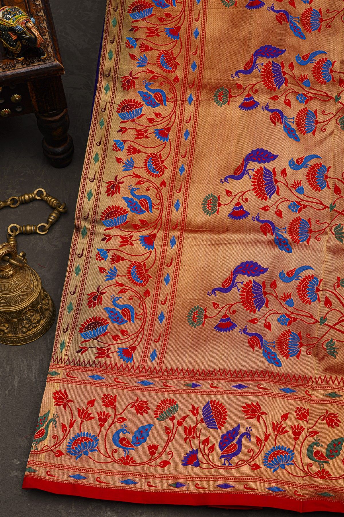 Narayanpet Silk Royal Blue Saree With Florals And Bird Jaal Paithani Border