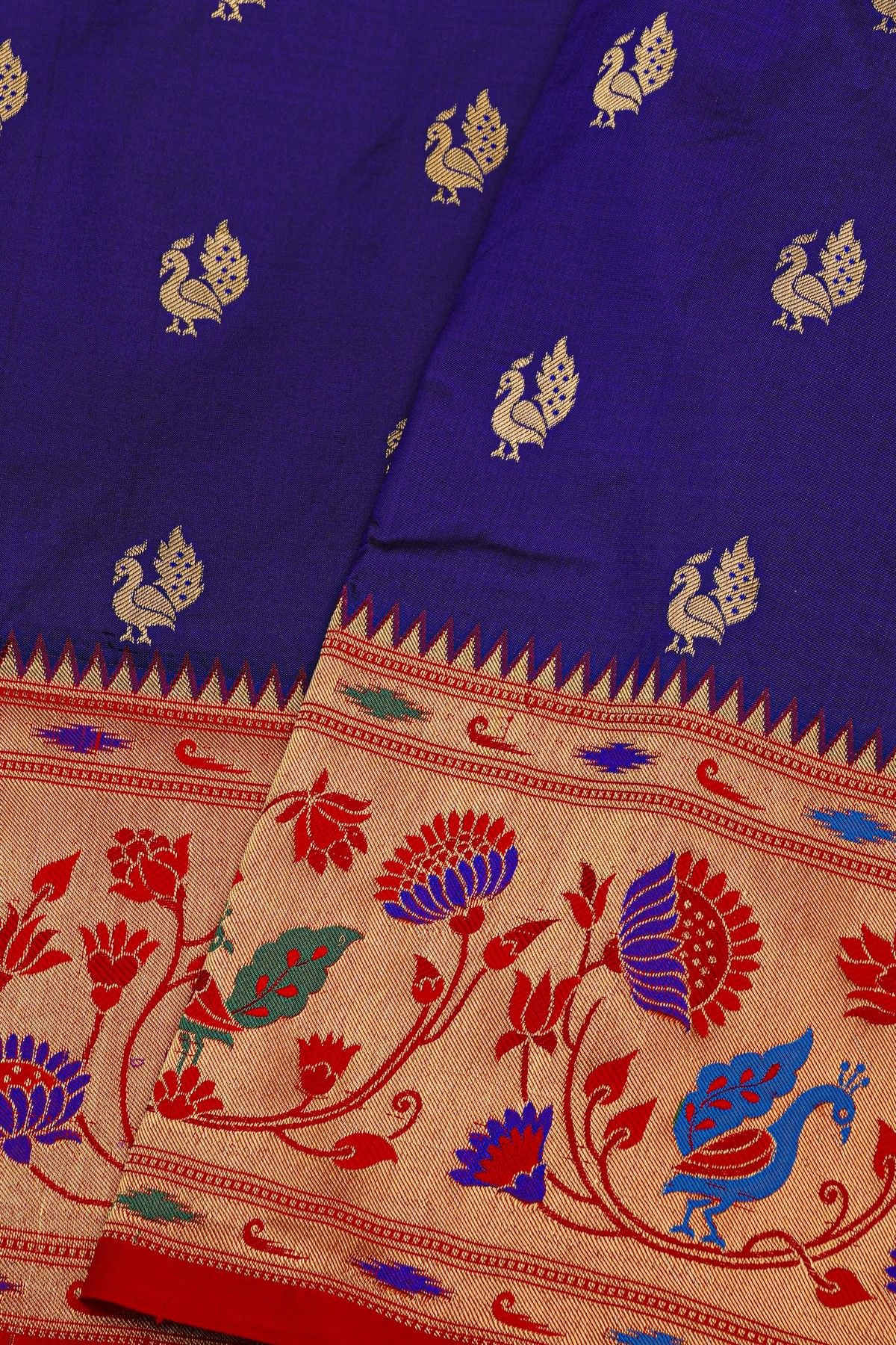 Narayanpet Silk Royal Blue Saree With Florals And Bird Jaal Paithani Border