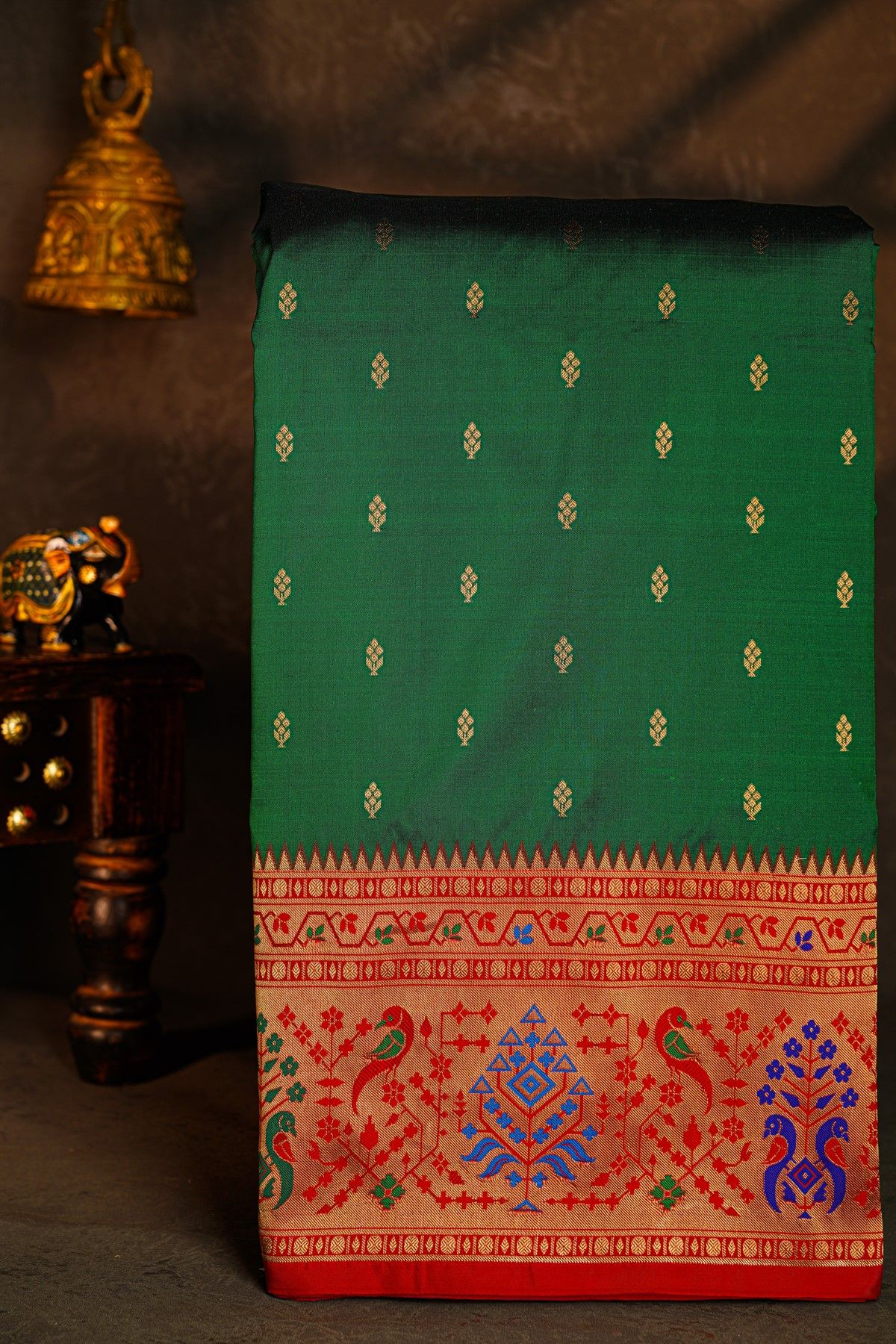 Narayanpet Silk Bottle Green Saree With Florals And Birds Border