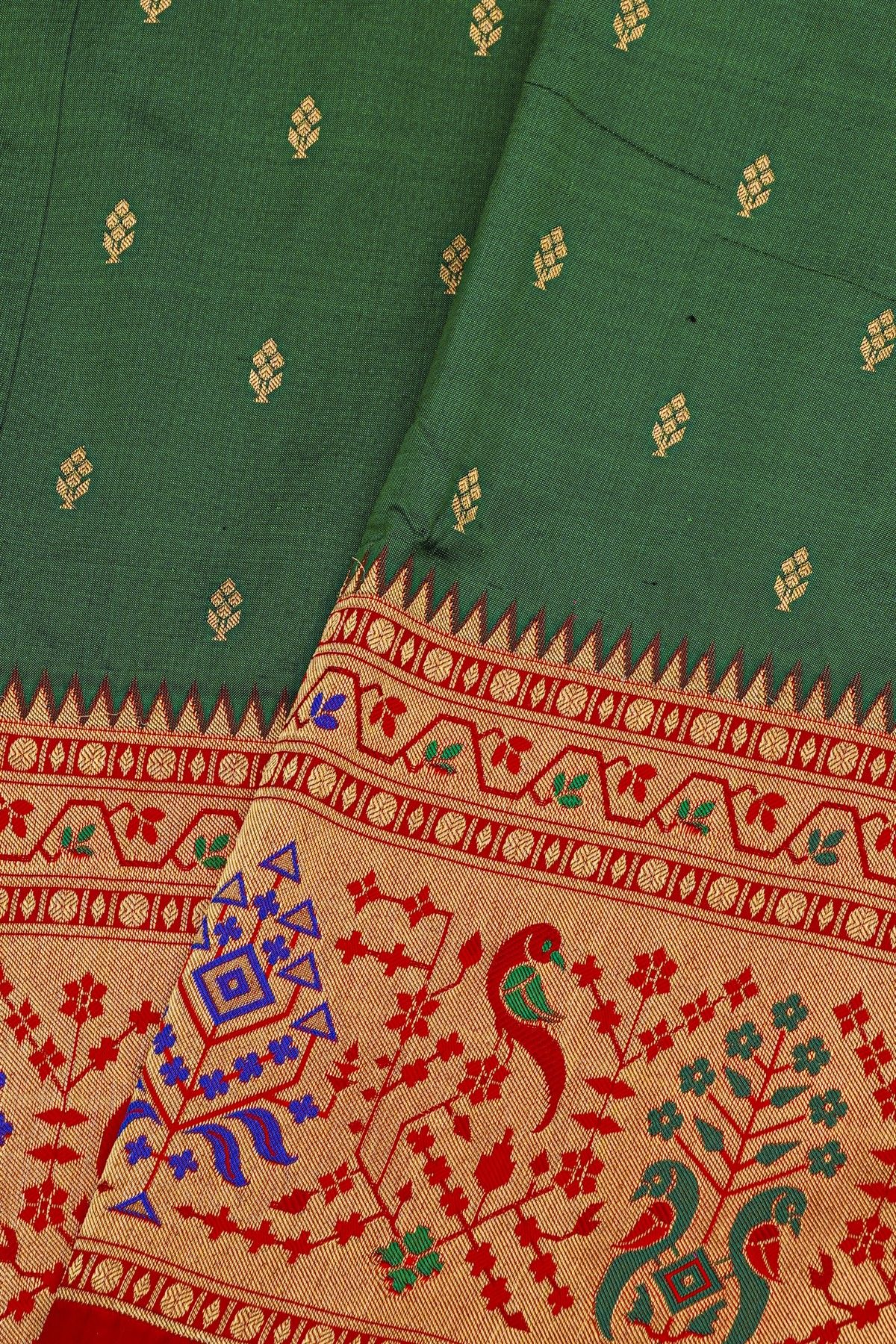 Narayanpet Silk Bottle Green Saree With Florals And Birds Border